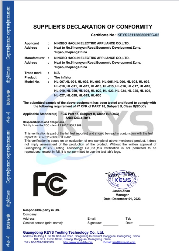 Ningbo Haolin Electric Appliance Co.,Ltdcertification