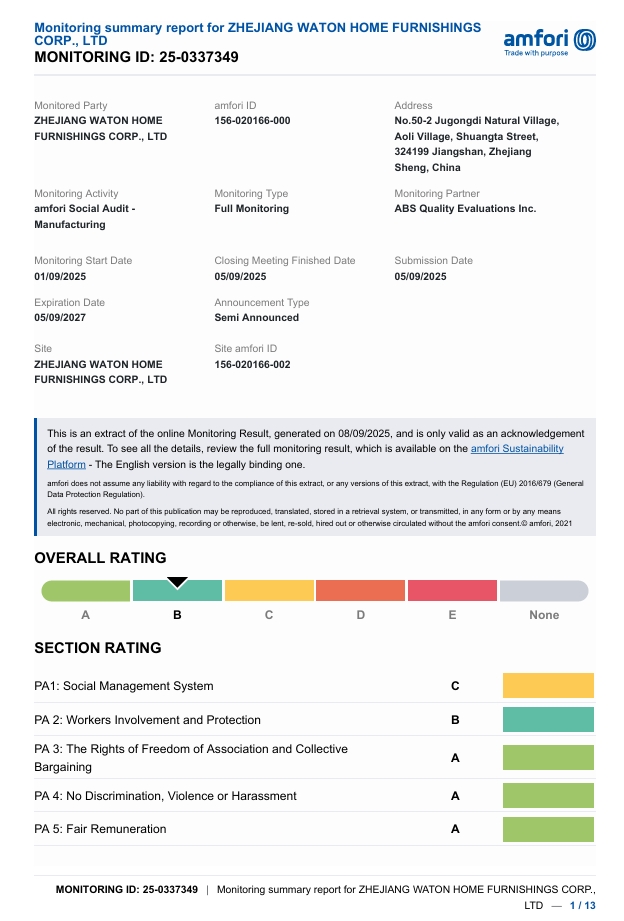 Zhejiang Waton Home Furnishings Co. Ltdcertification