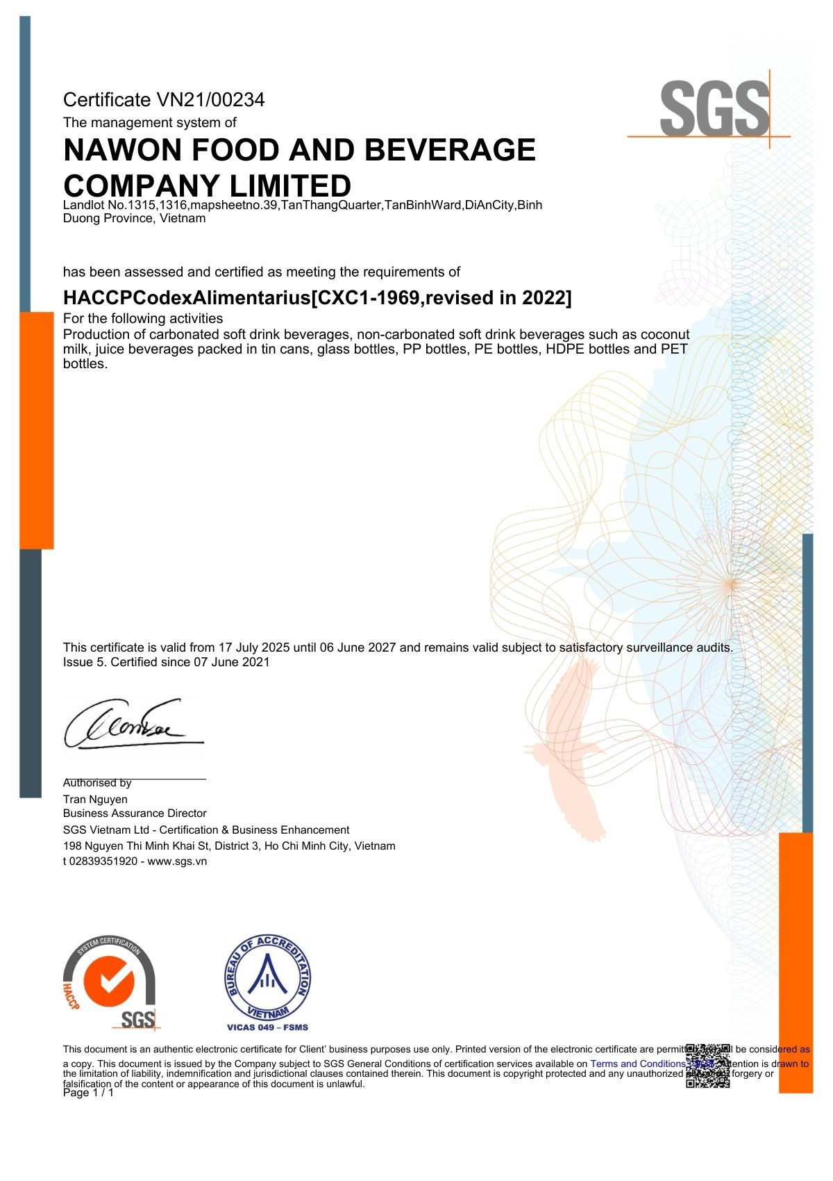 Nawon Food and Beverage Company Limitedcertification