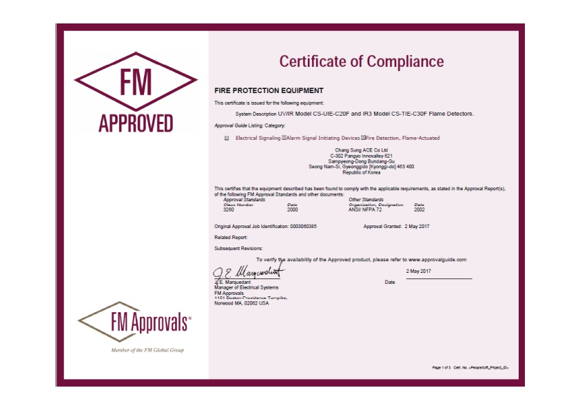 Chang sung Ace Co Ltdcertification