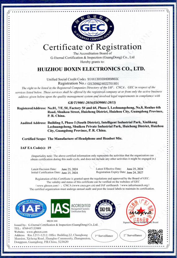 Huizhou Boxin Electronics Co., Ltdcertification