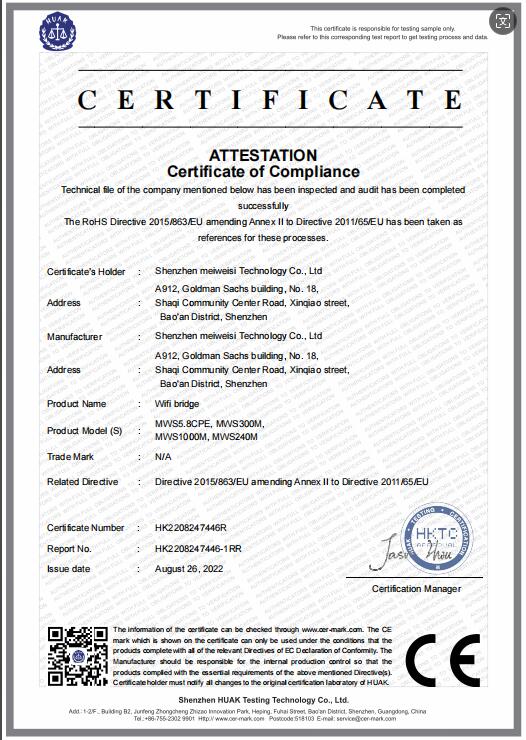Shenzhen Meiweisi Technology Co., Ltd.certification