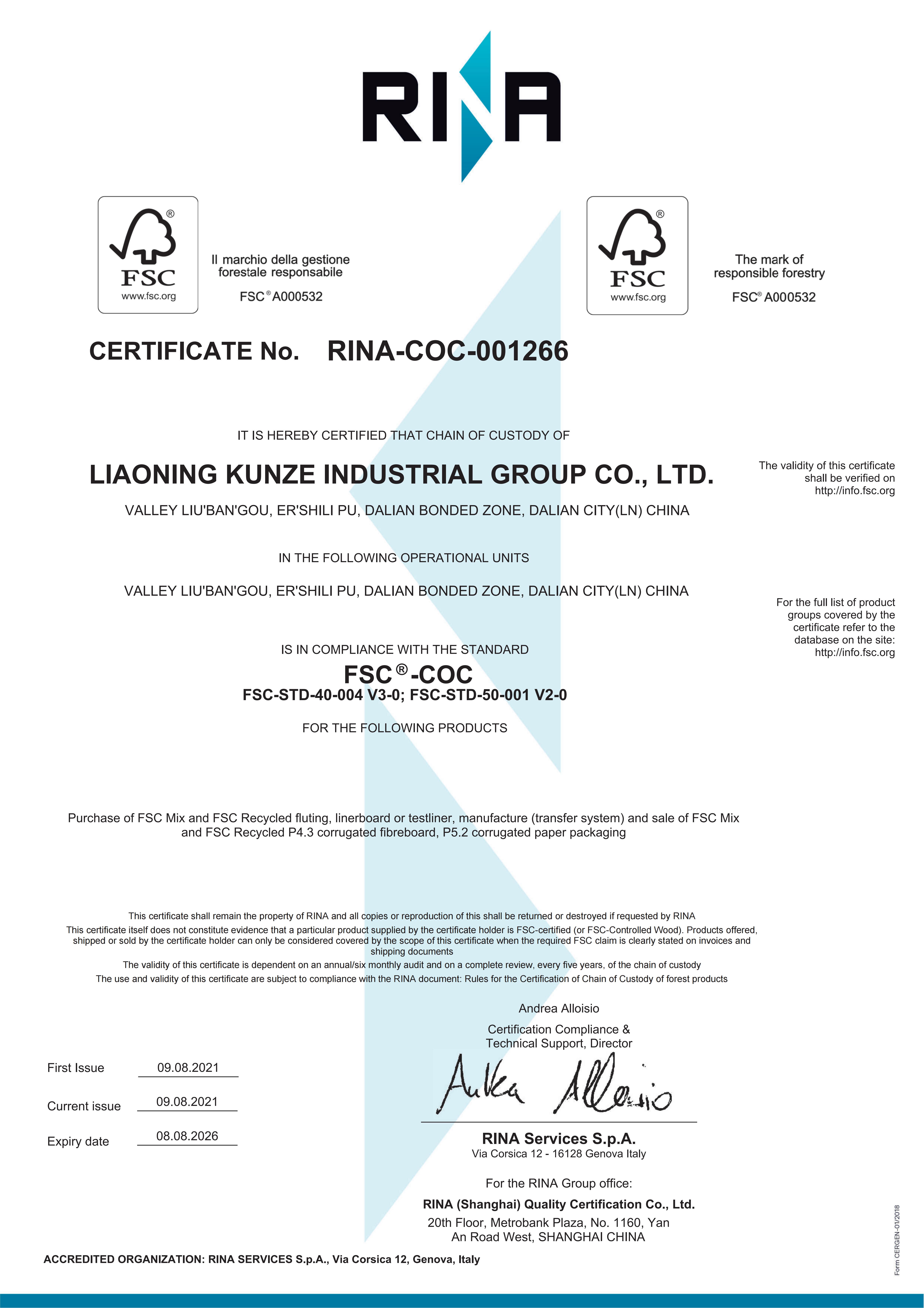 Liaoning Kunze Industrial Group Co., Ltdcertification