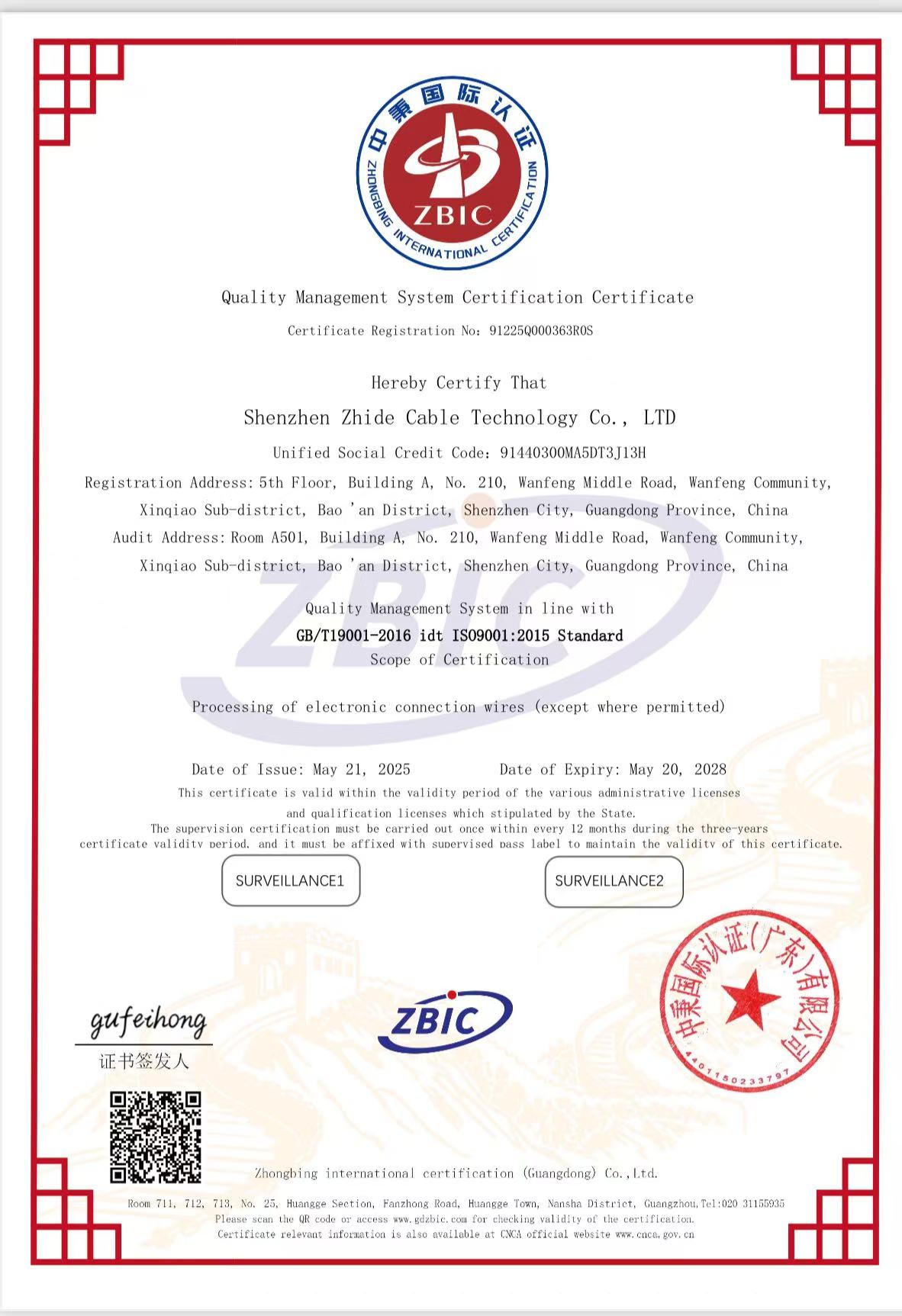 Shenzhen Zhide Cable Technology Co., Ltd.certification