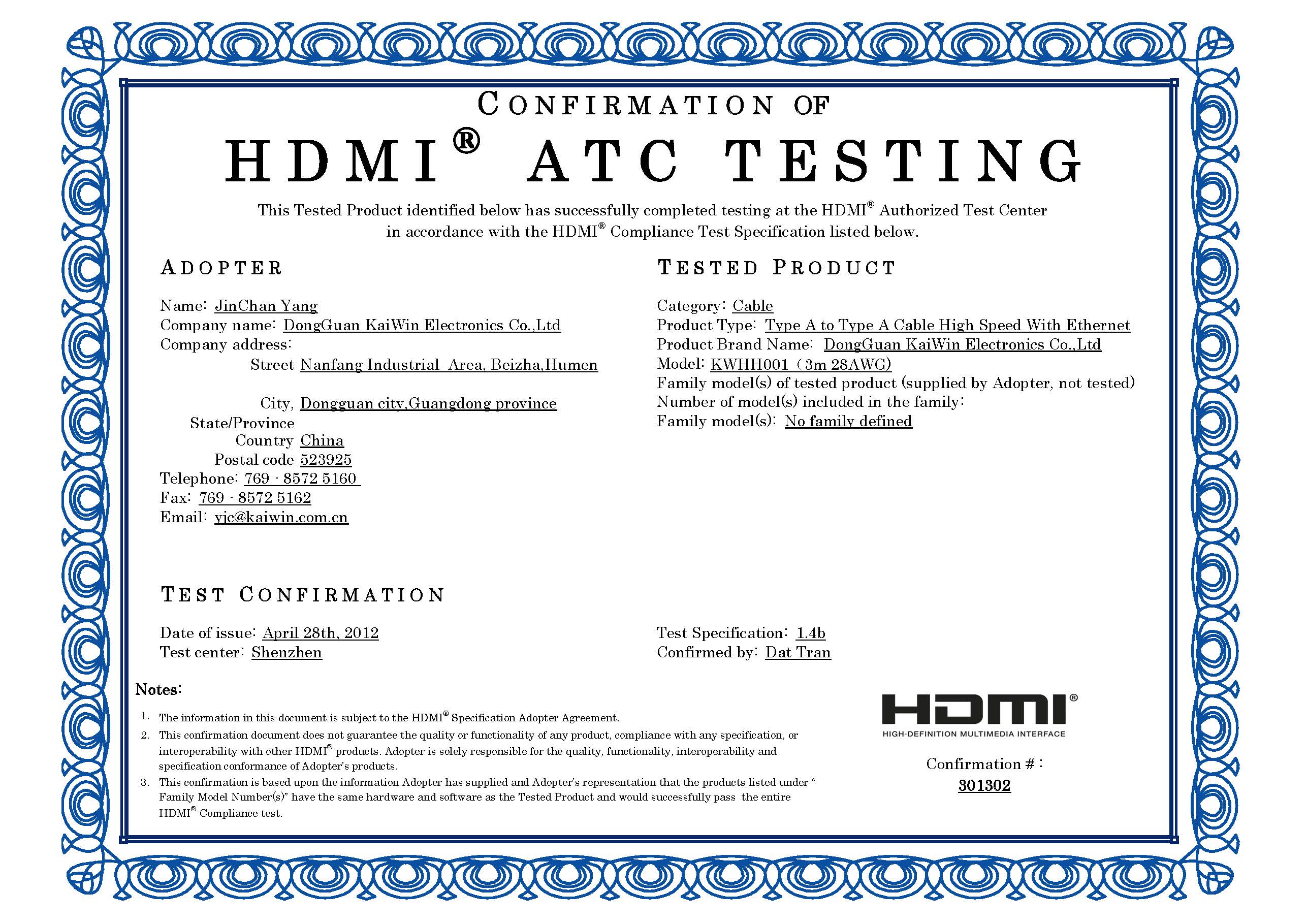 Dongguan Kaiwin Electronics Co. Ltdcertification