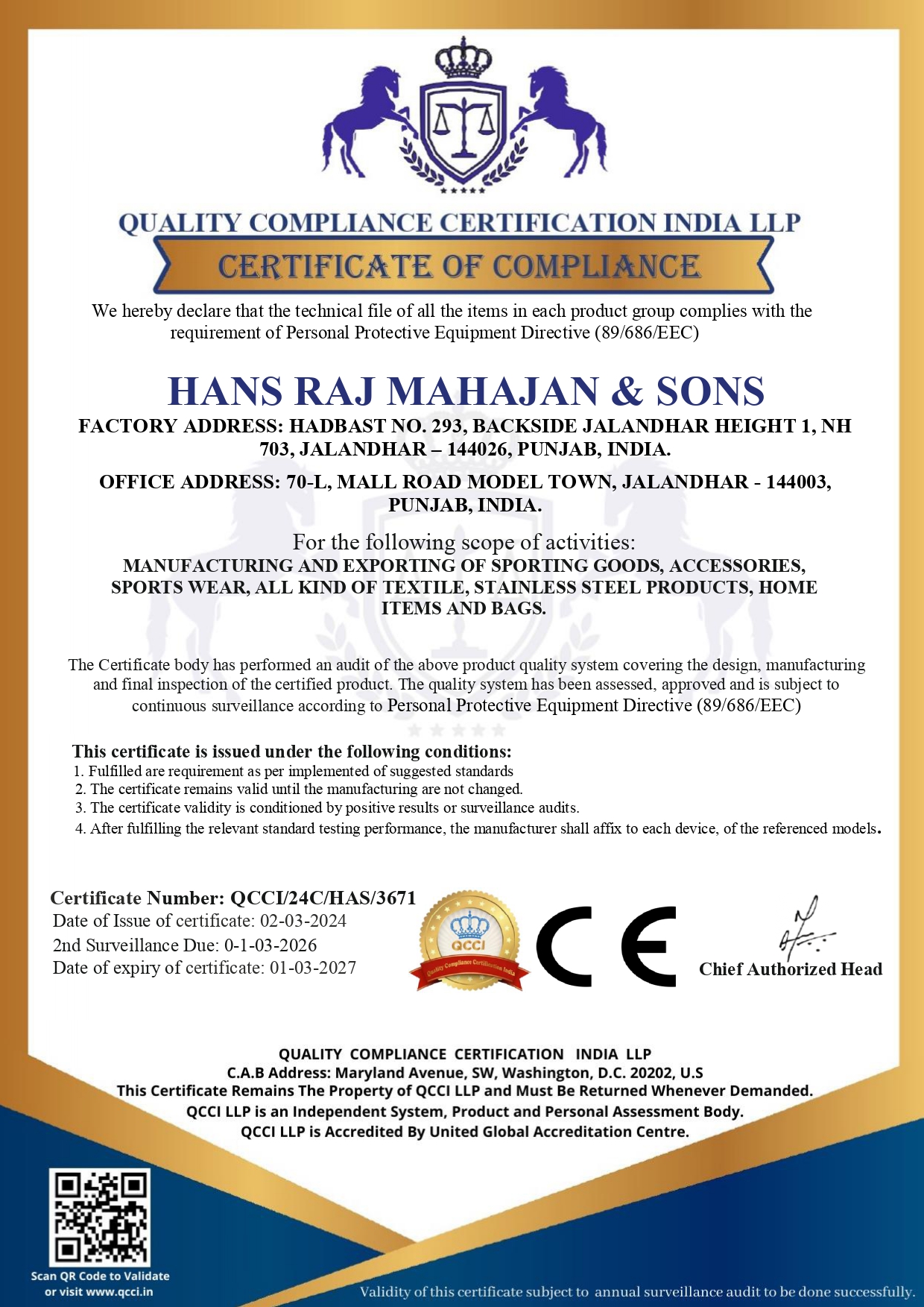 Hans Raj Mahajan & Sonscertification