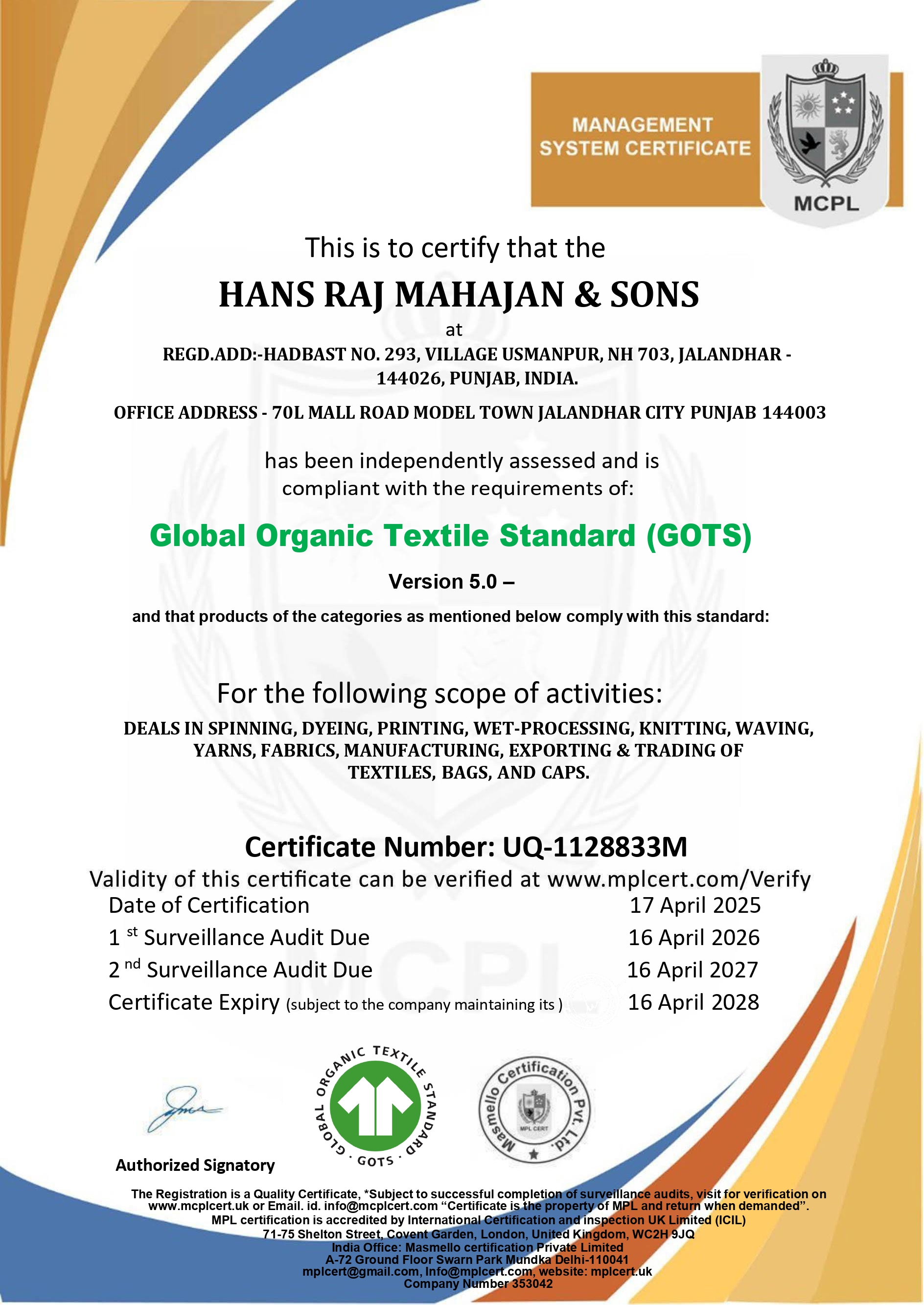 Hans Raj Mahajan & Sonscertification