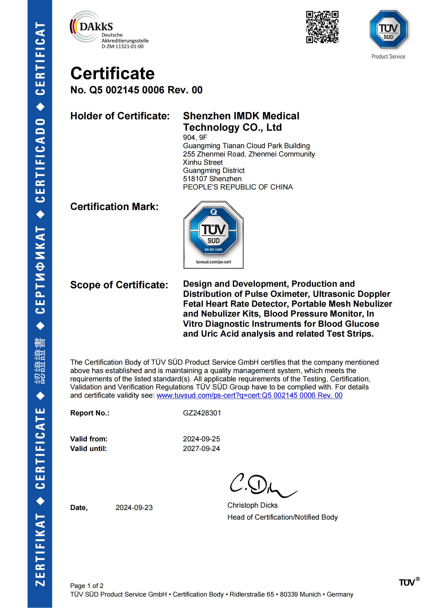 SHENZHEN IMDK MEDICAL TECHNOLOGY CO.,LIMITEDcertification