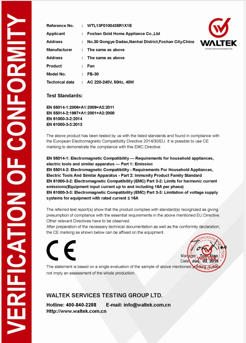 Foshan Gold Home Appliance Co. Ltdcertification