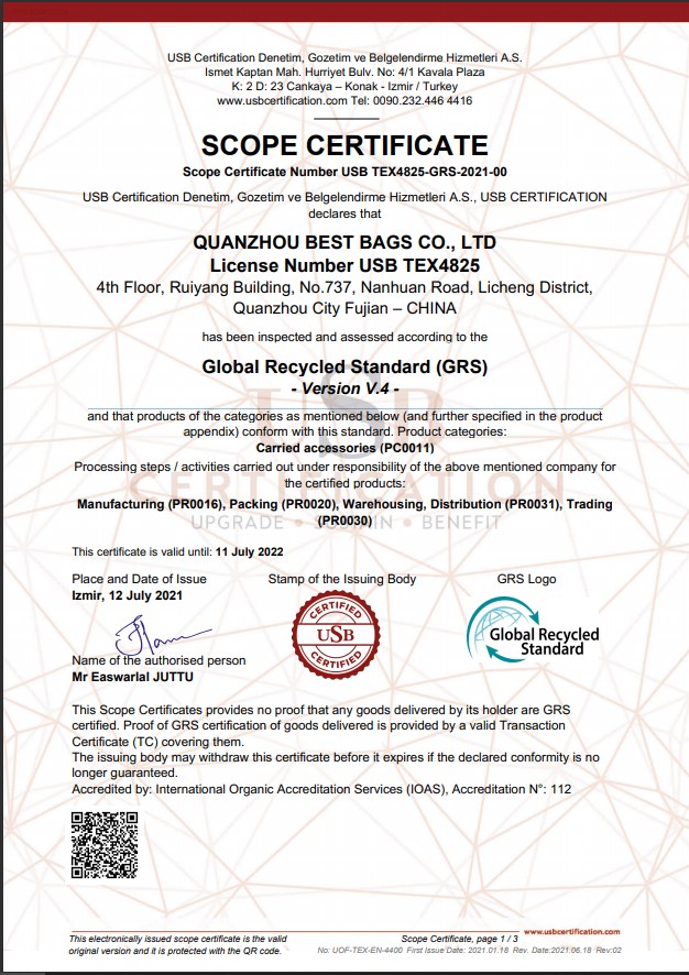 Quanzhou  Best Bags  Co., Ltd.certification