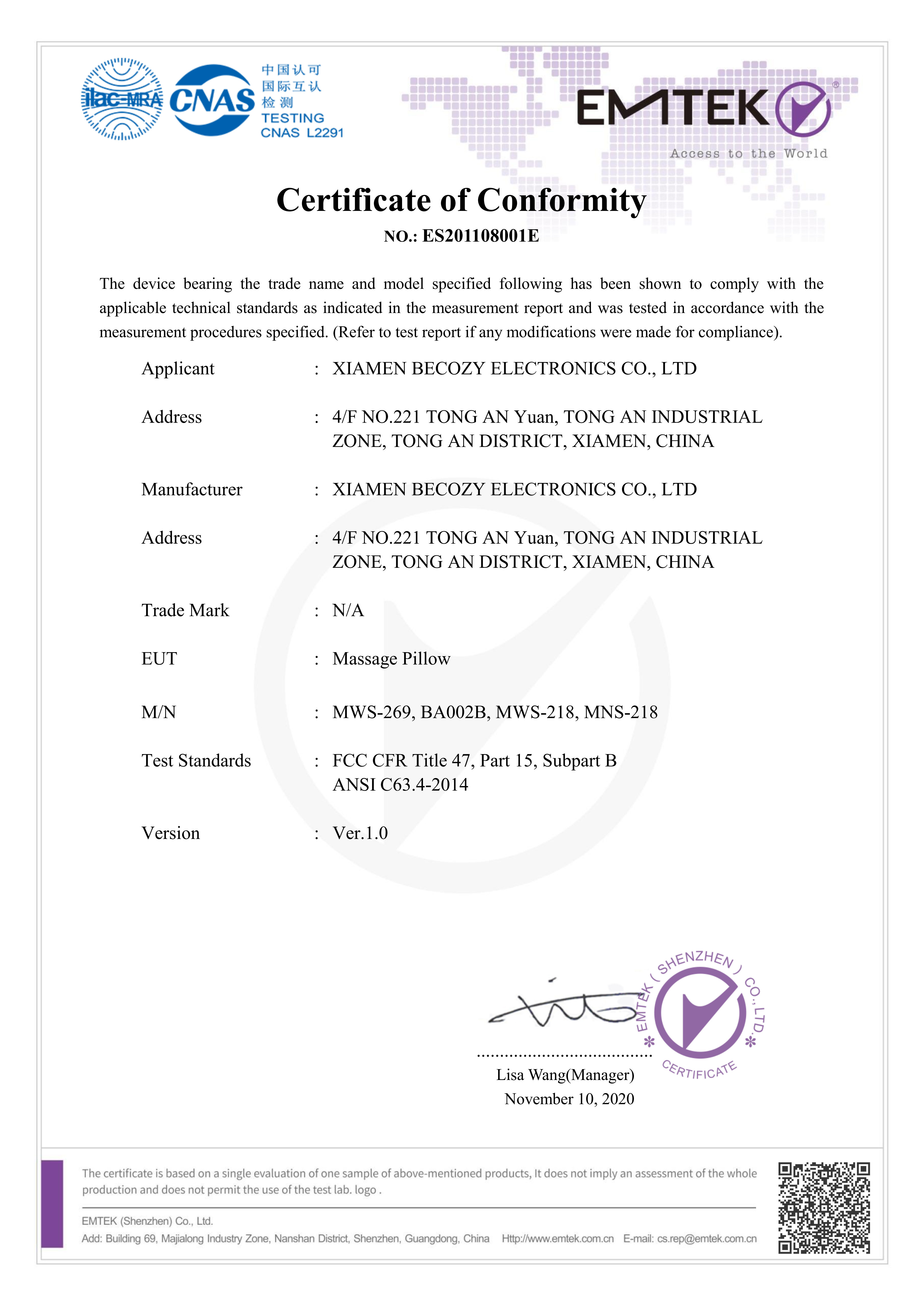Xiamen Becozy Electronic Co.,Ltdcertification