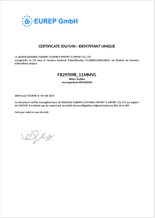 Baoding Yukaihe Clothing Import & Export Co., Ltd.certification