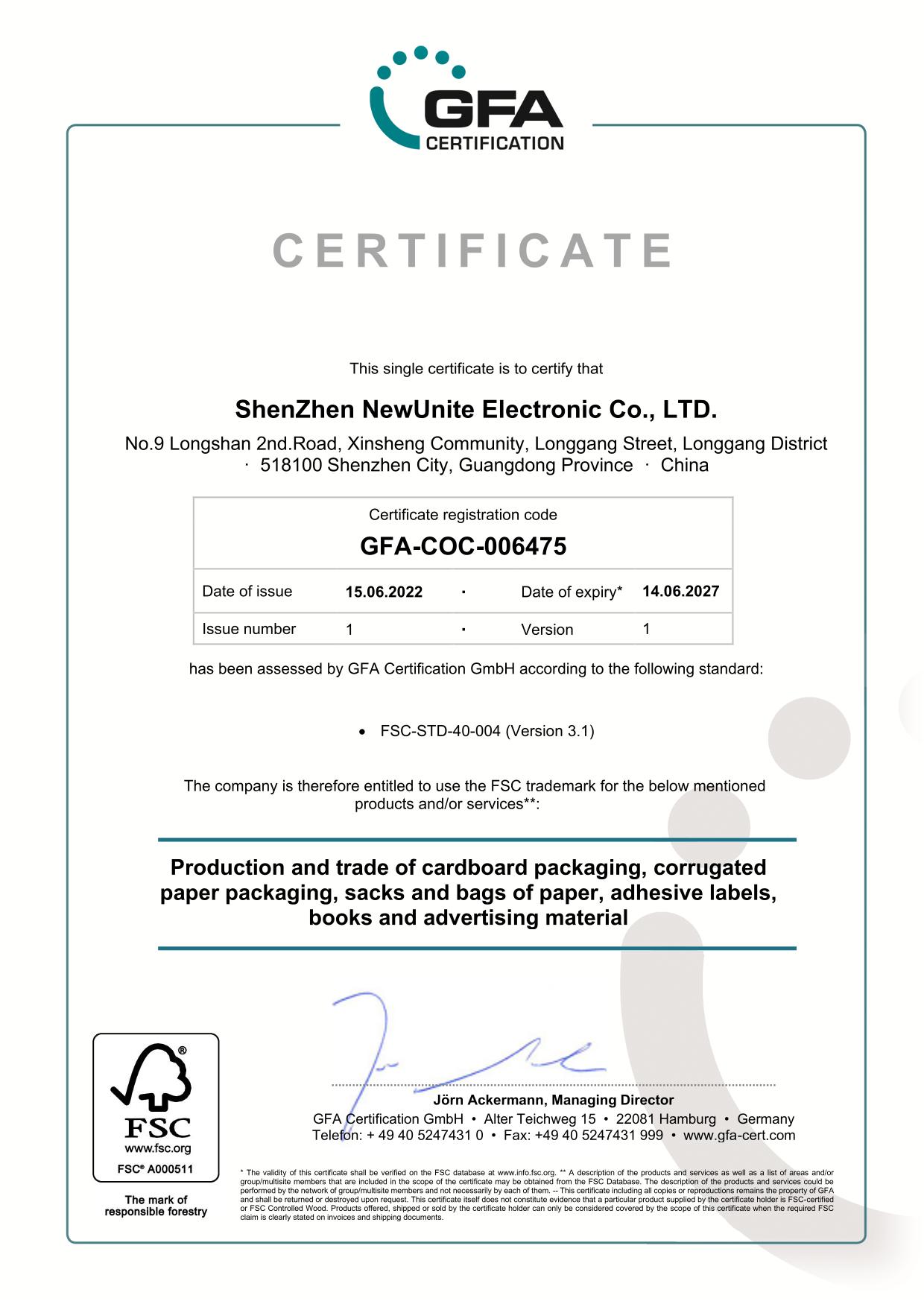 Shenzhen Newunite Electronic Co., Ltdcertification