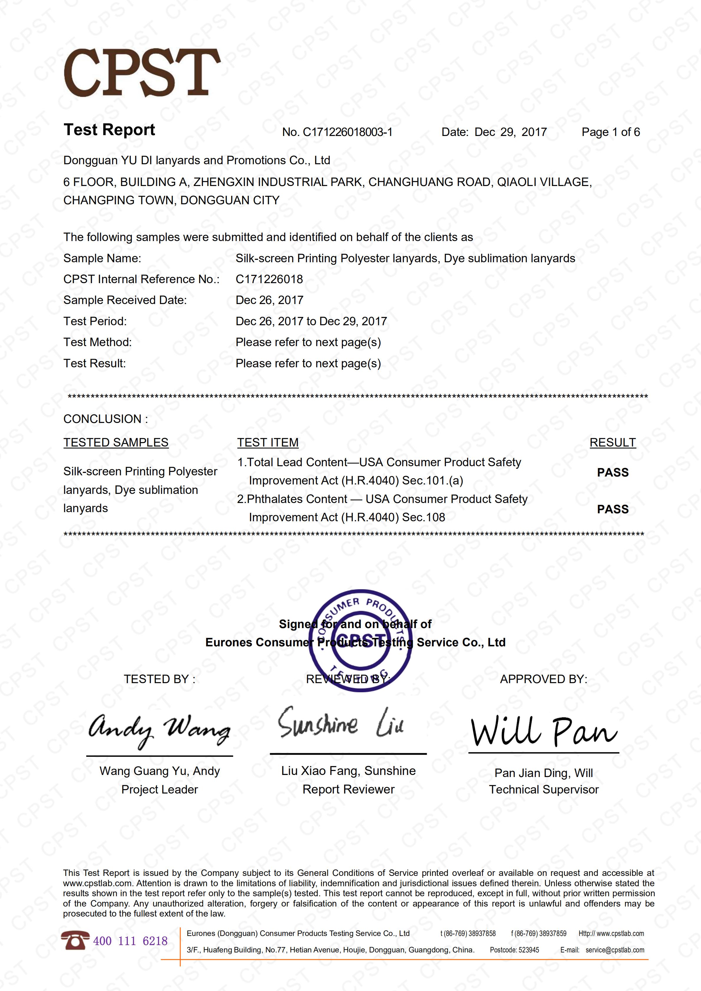 Dongguan Yu Di Lanyards and Promotions Co., Ltdcertification