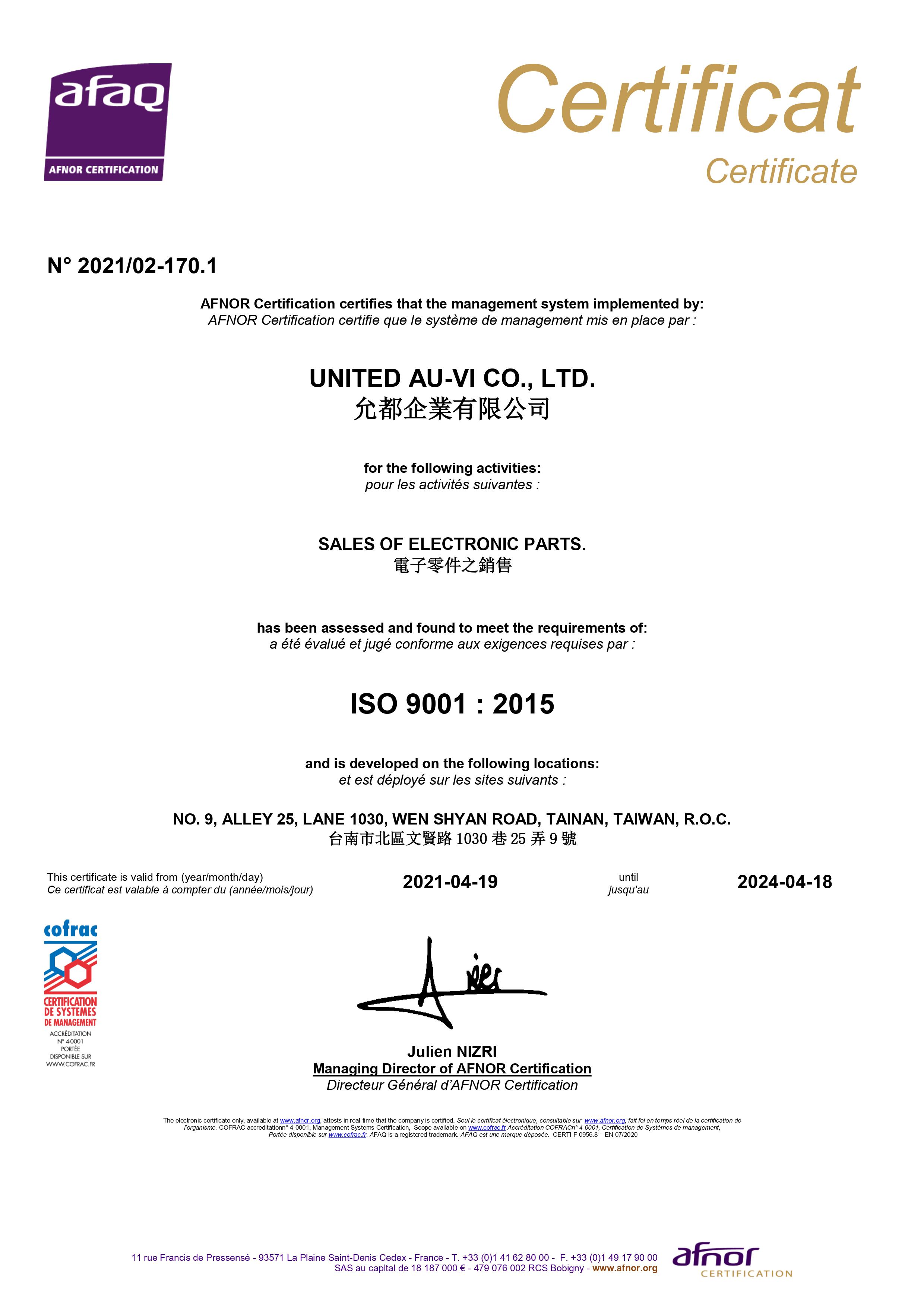United Au-Vi Co Ltdcertification