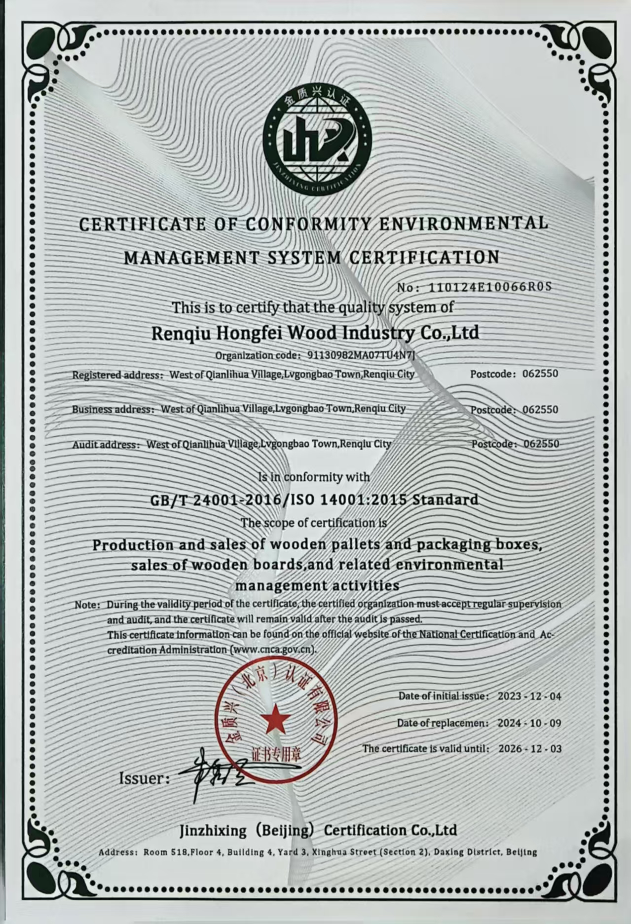 Renqiu Hongfei Wood Industry Co., Ltd.certification