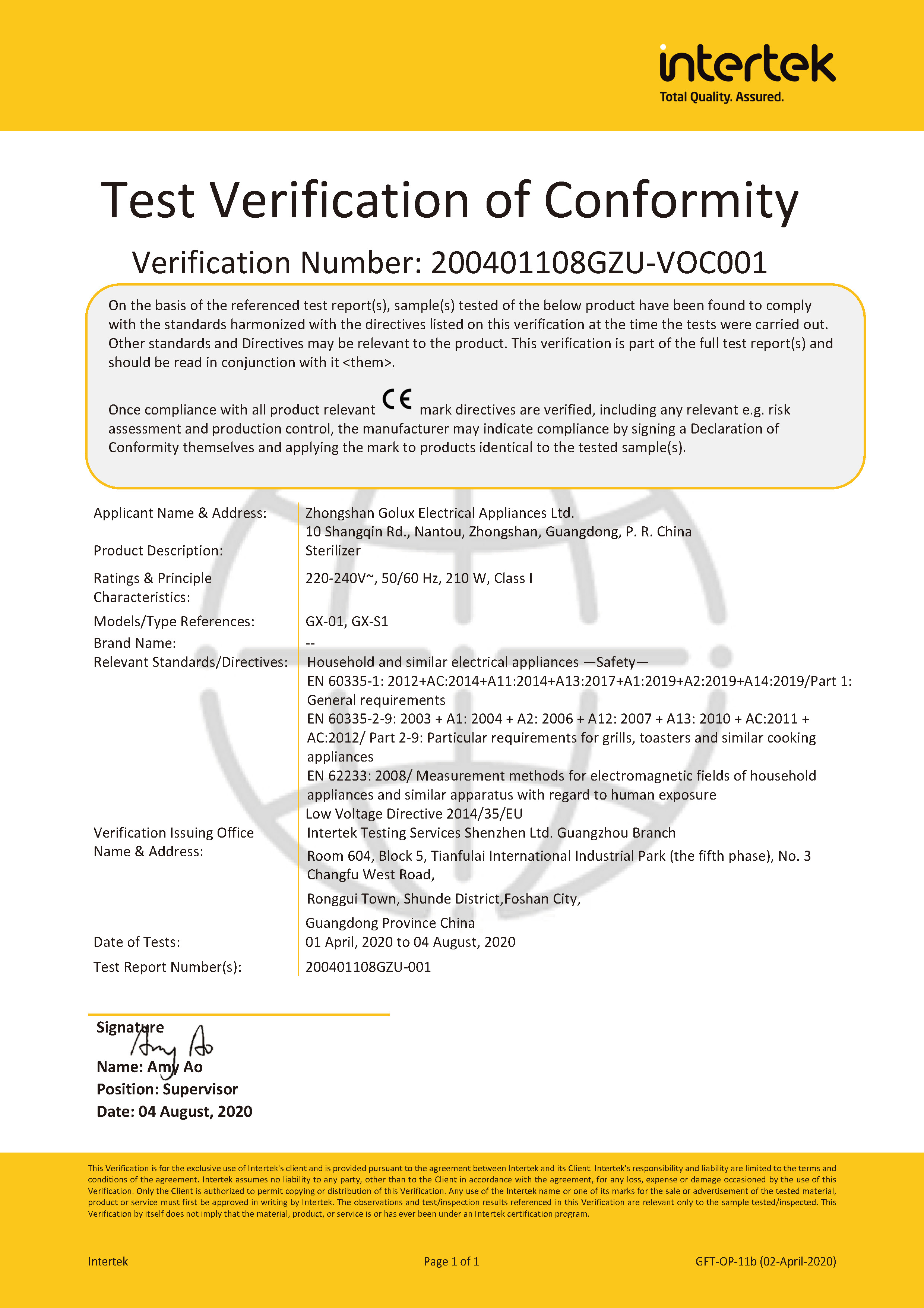 Zhongshan Golux Electrical Appliances Ltdcertification