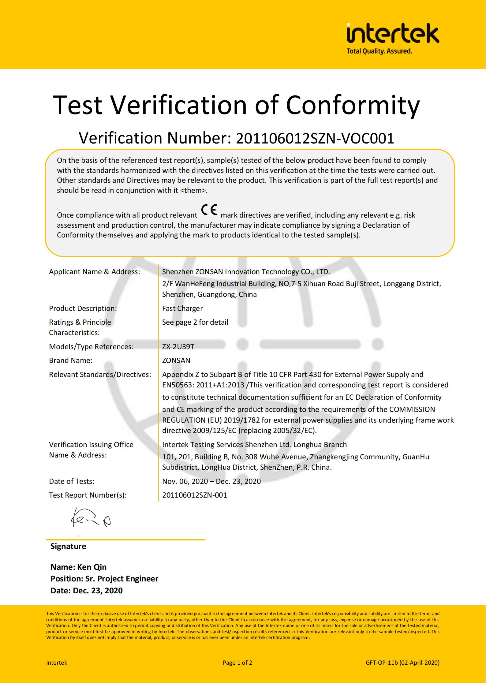 Shenzhen ZONSAN Innovation Technology Co., Ltdcertification