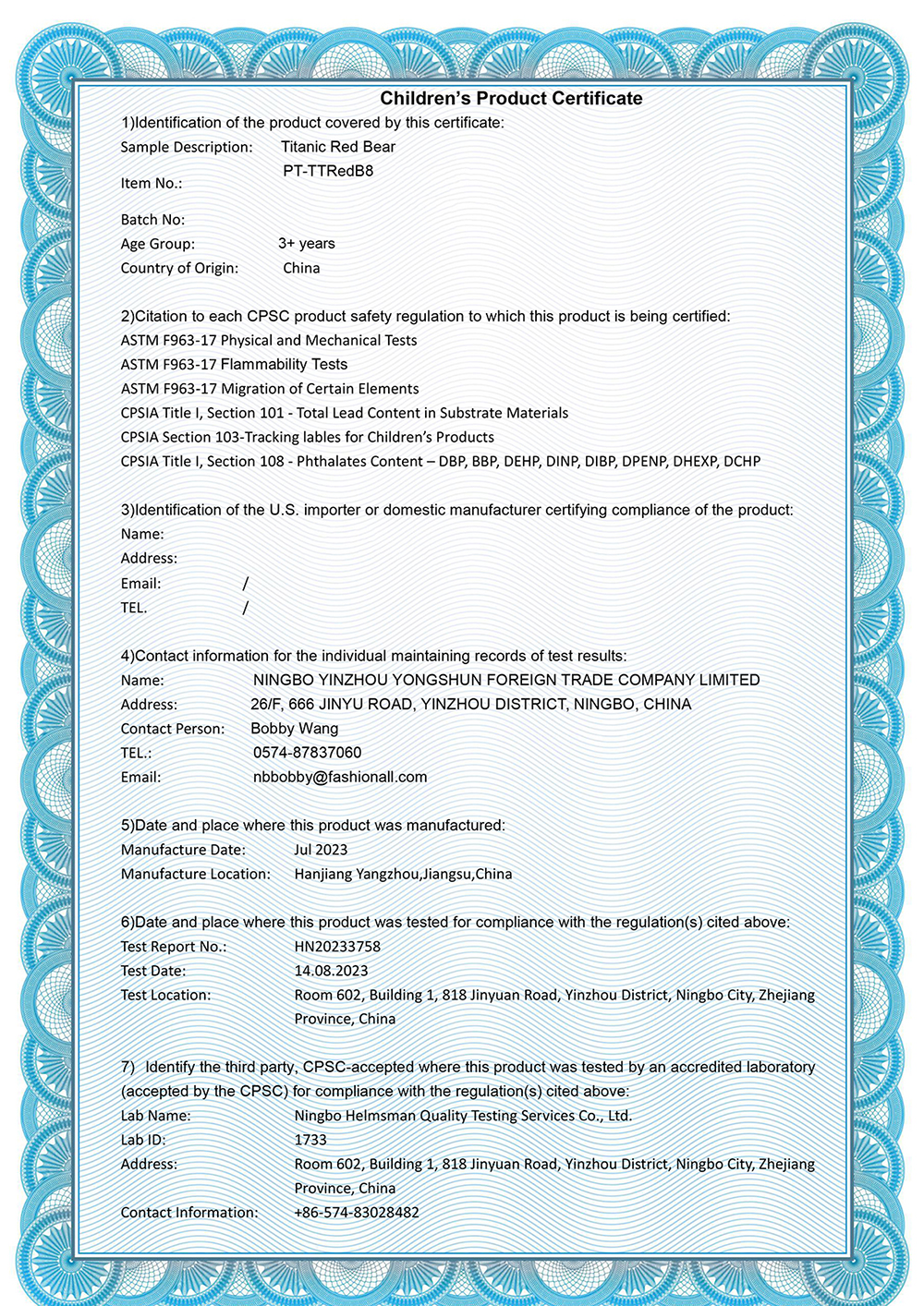 NINGBO YINZHOU YONGSHUN FOREIGN TRADE COMPANY LIMITEDcertification