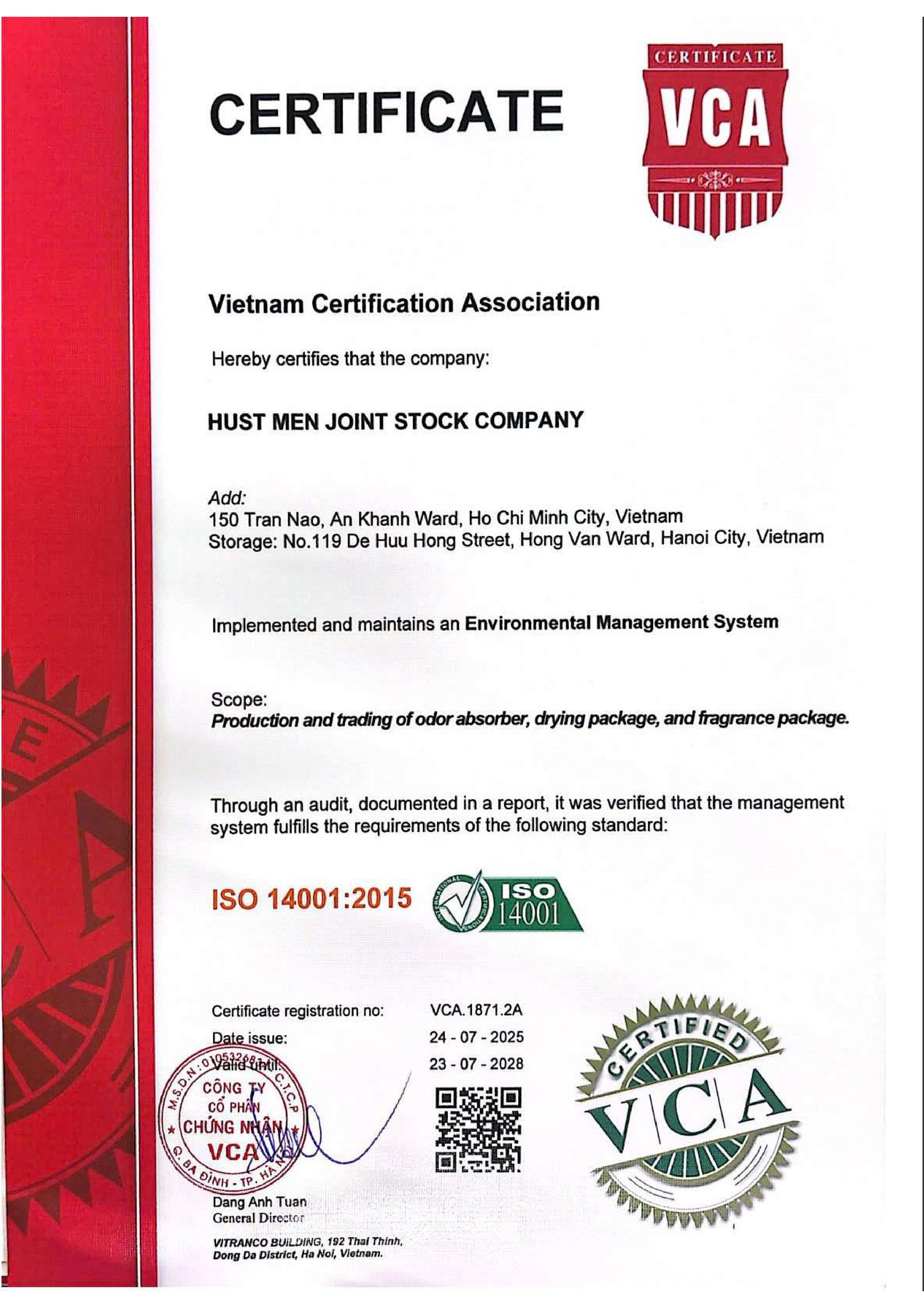 HUST MEN JOINT STOCK COMPANYcertification