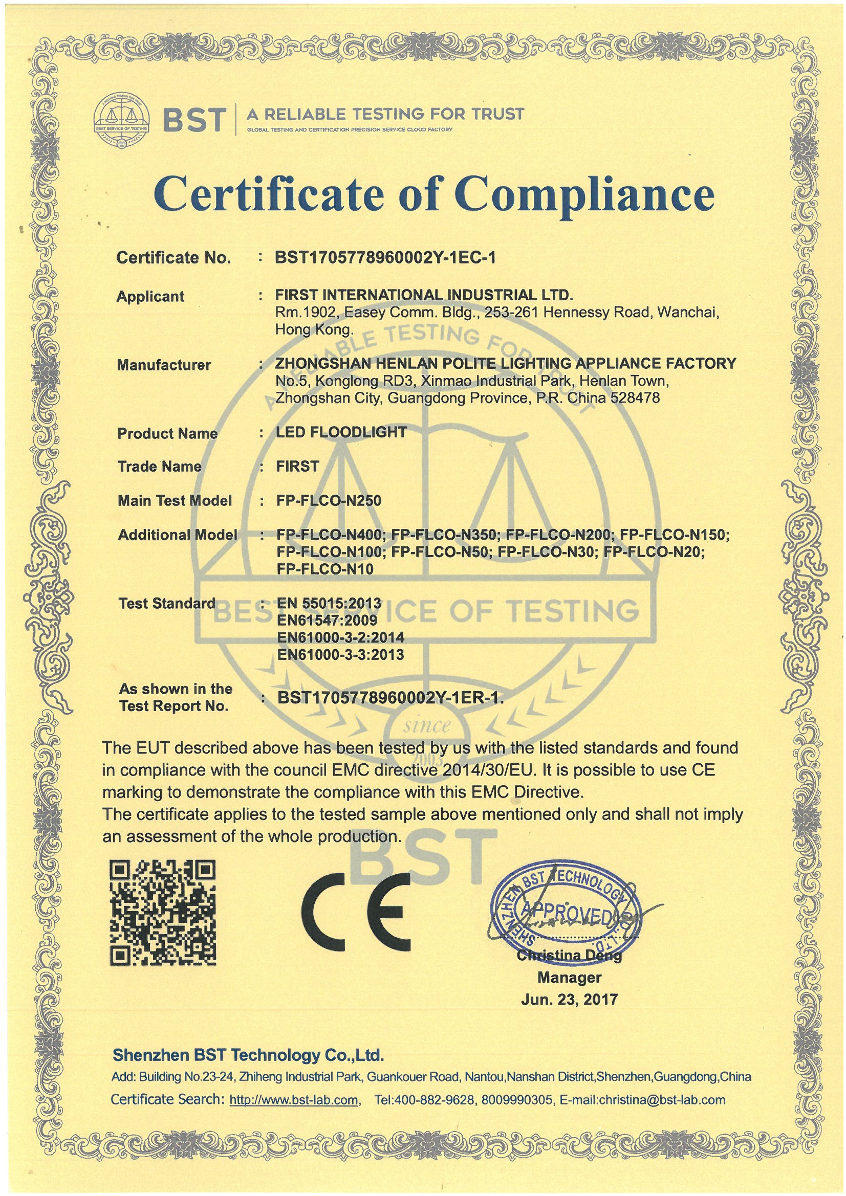 First electronic Industrial (Zhongshan) Ltdcertification
