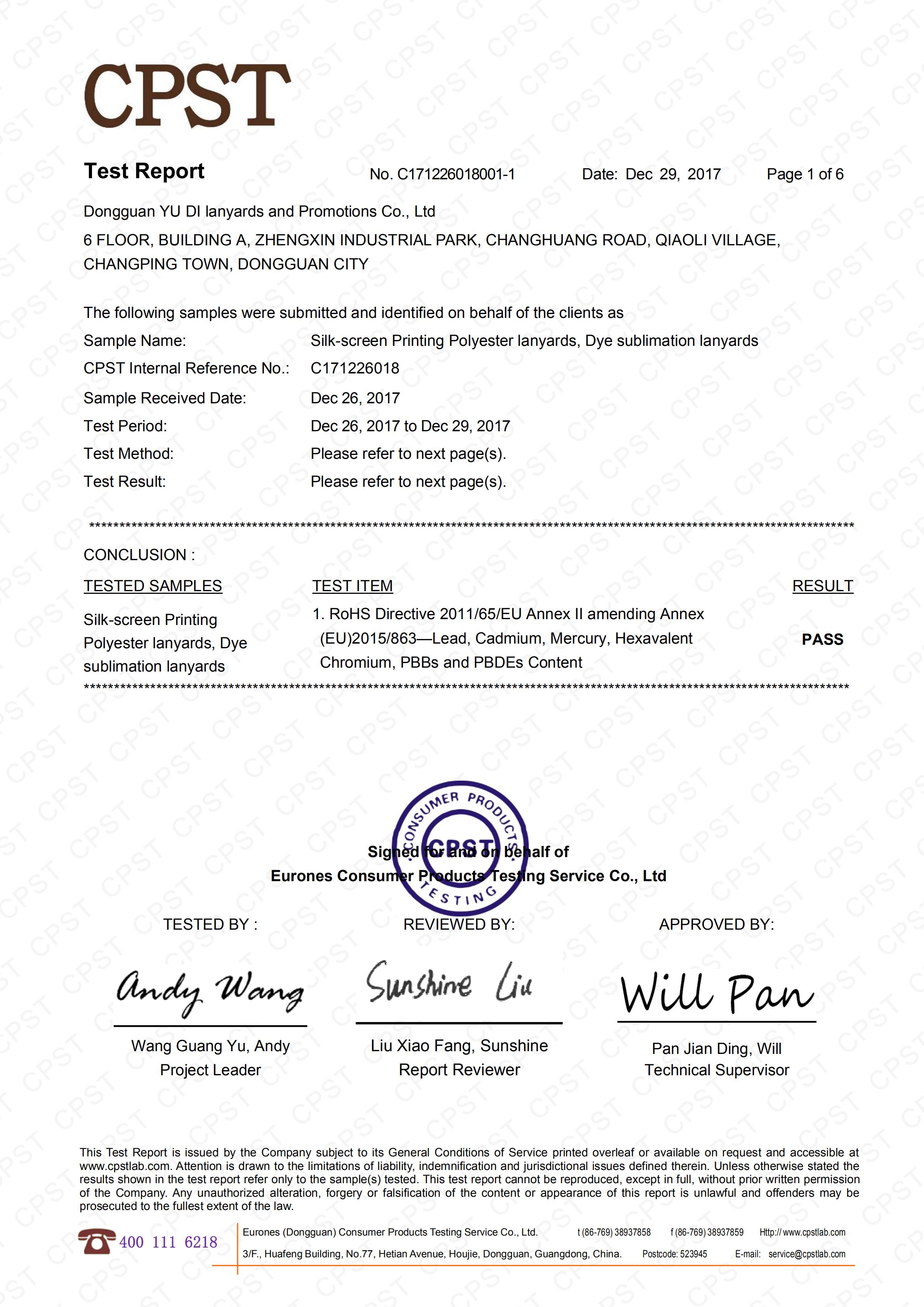 Dongguan Yu Di Lanyards and Promotions Co., Ltdcertification