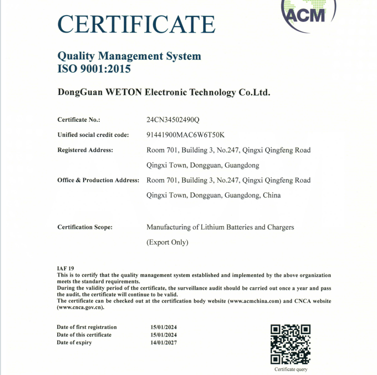 Shenzhen WETON Technology Co., Ltd.certification