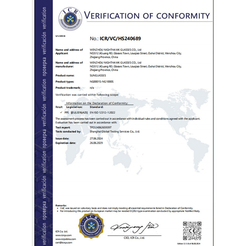 Wenzhou Nighthawk Glasses Co., Ltdcertification