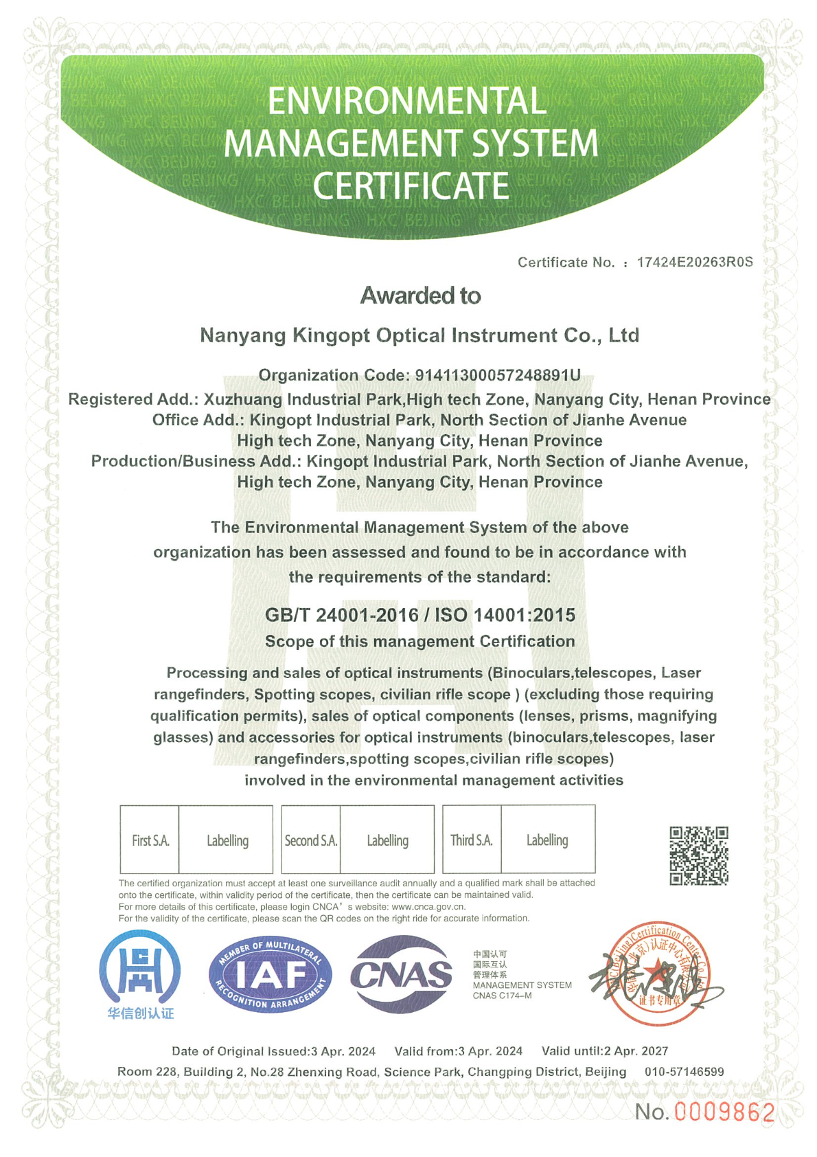 Nanyang Kingopt Optical Instrument Co., Ltdcertification