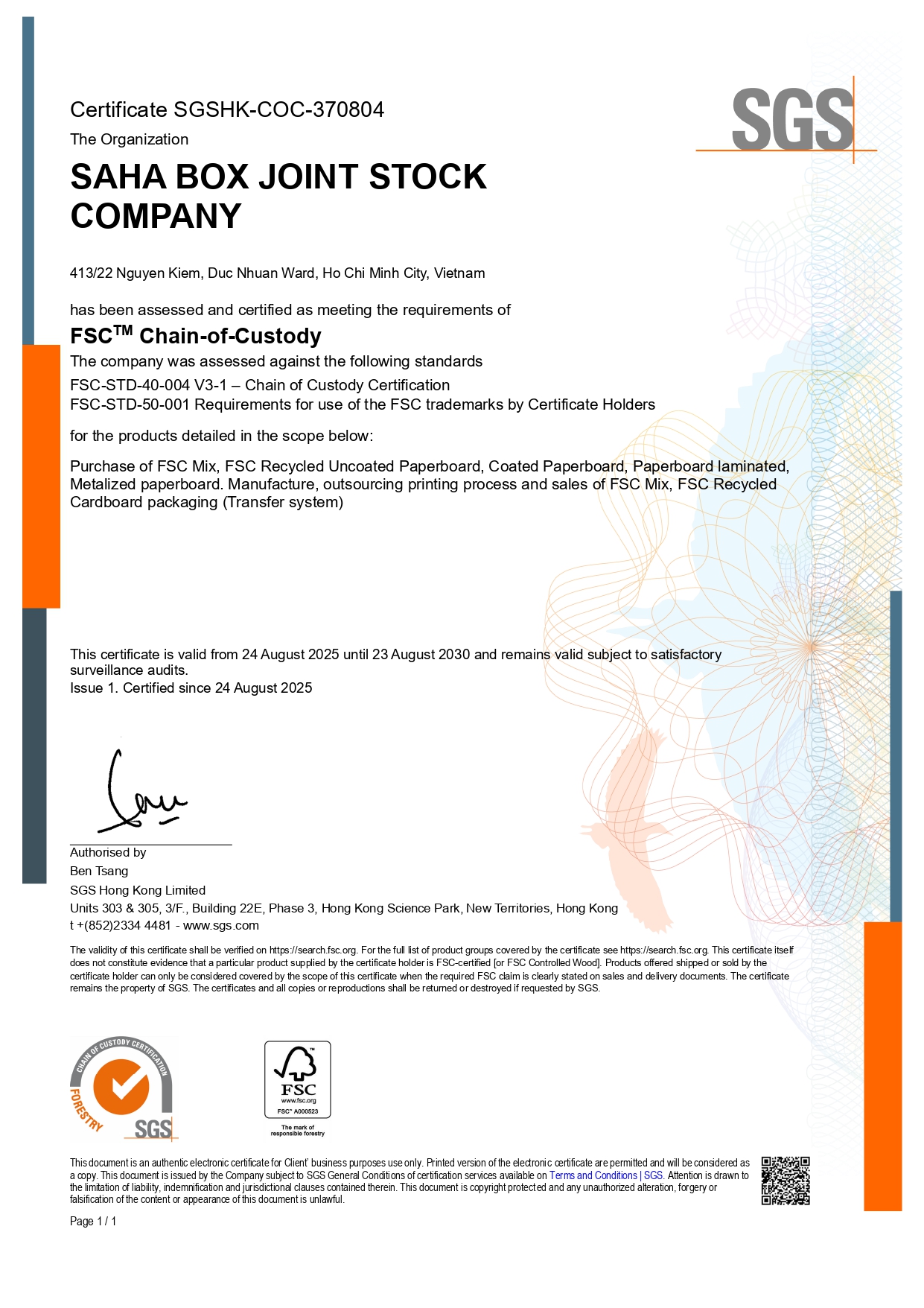 SAHA BOX JOINT STOCK COMPANYcertification