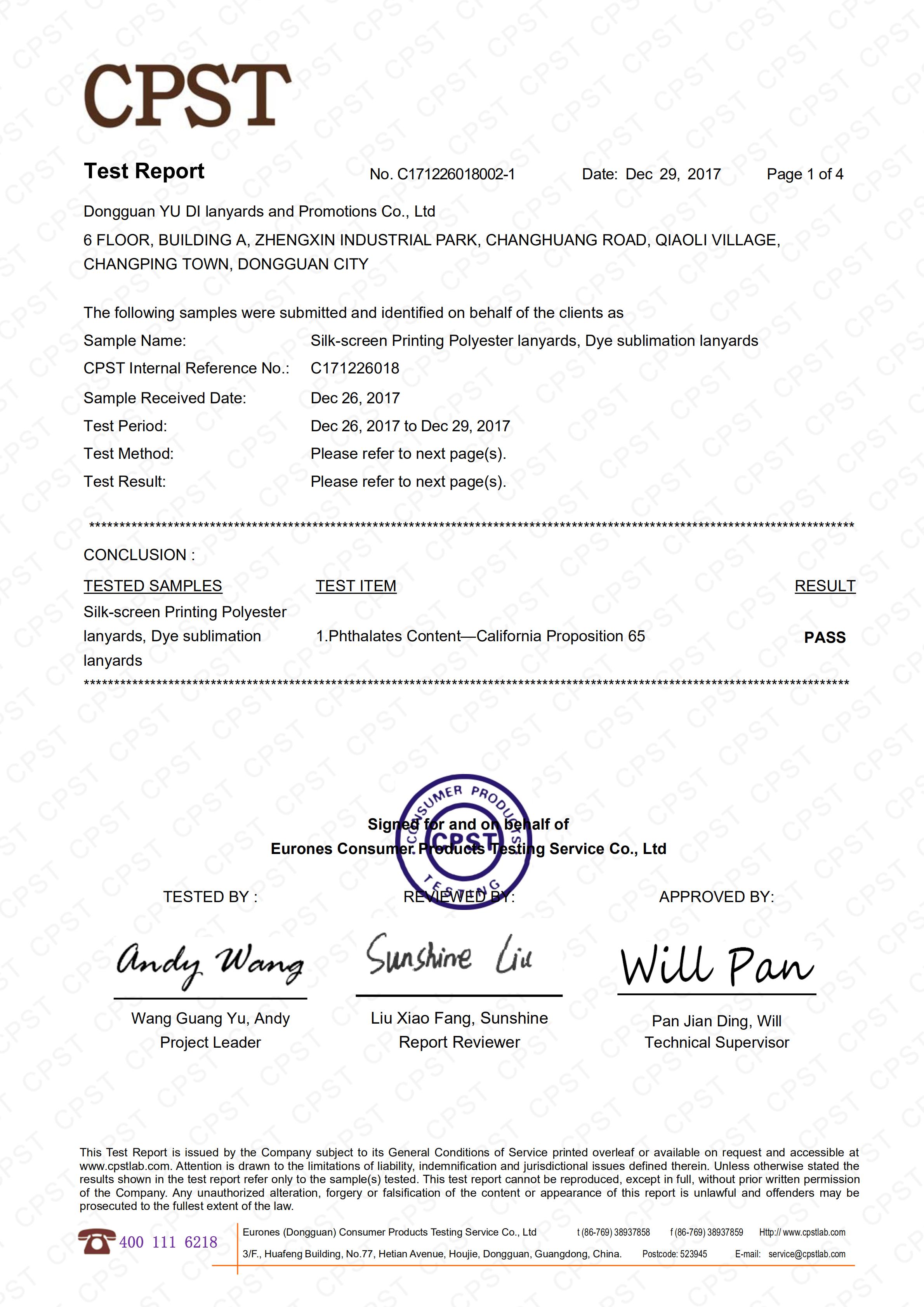 Dongguan Yu Di Lanyards and Promotions Co., Ltdcertification