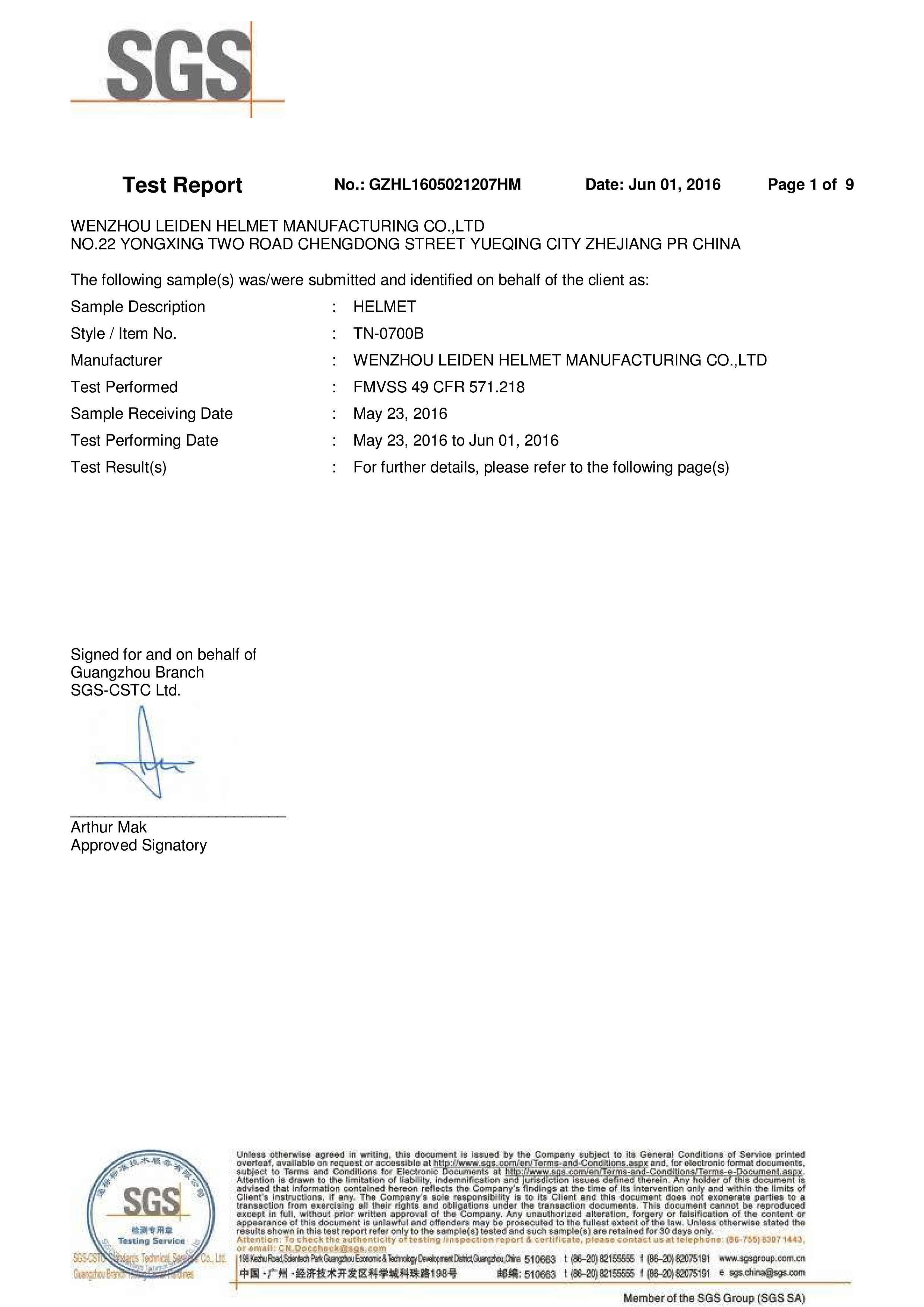 Wenzhou Leiden Helmet Manufacturing Co.,Ltdcertification