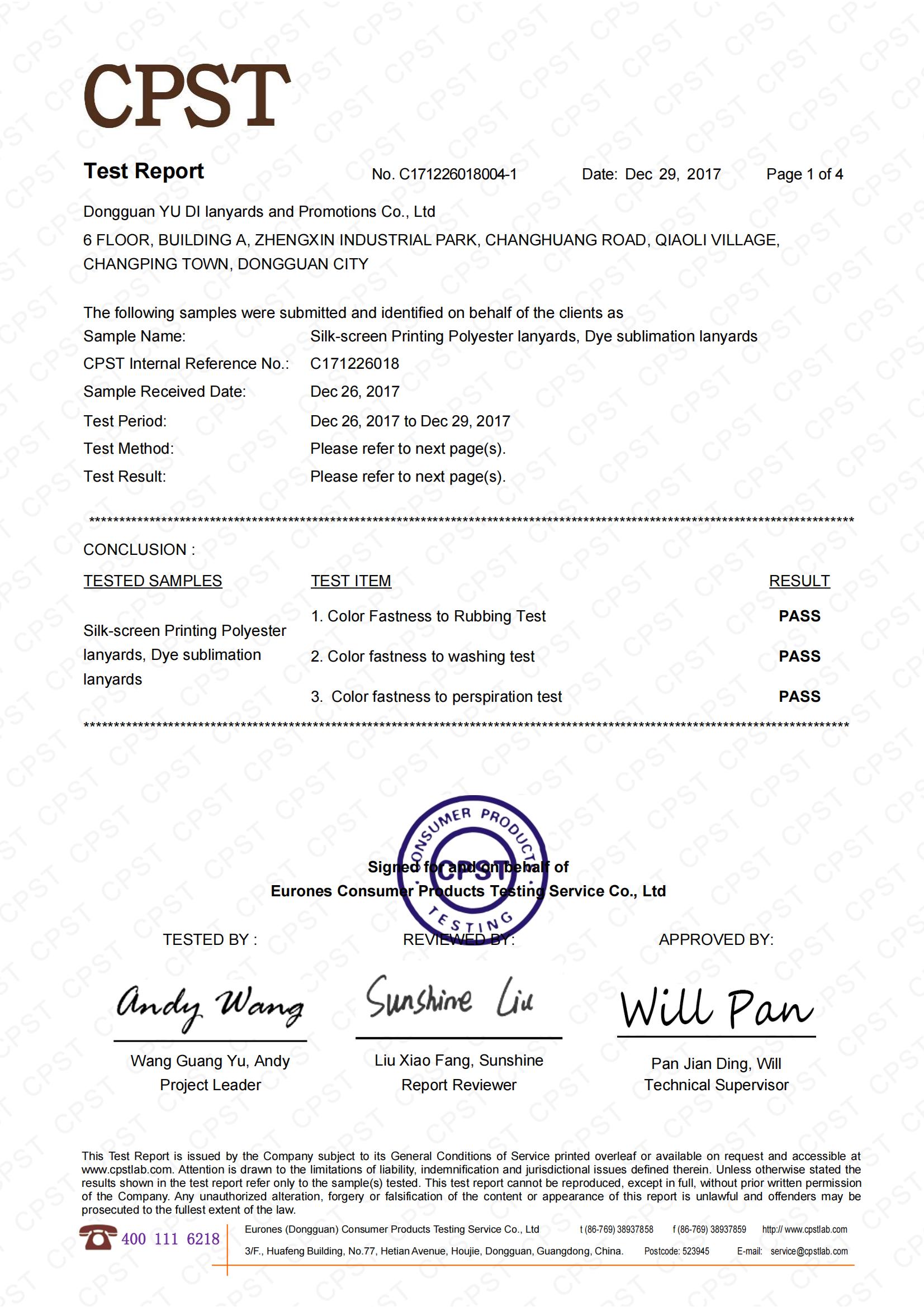 Dongguan Yu Di Lanyards and Promotions Co., Ltdcertification