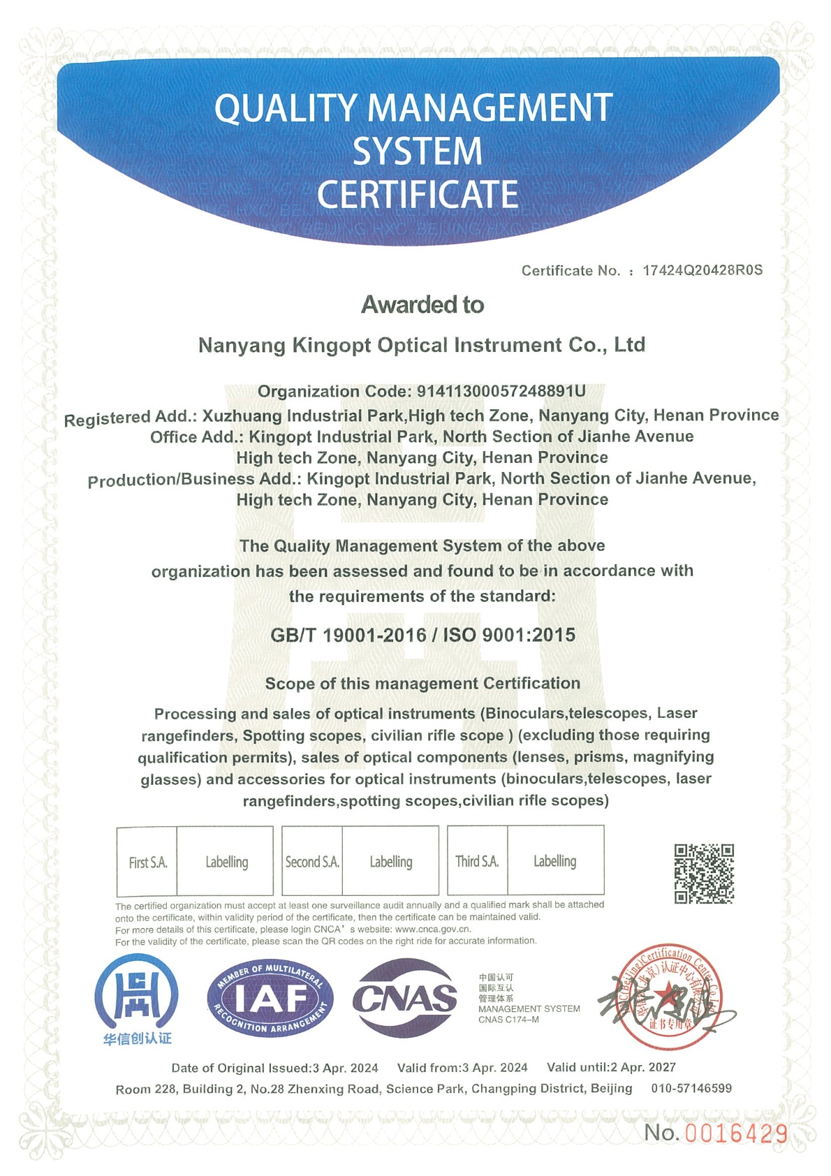 Nanyang Kingopt Optical Instrument Co., Ltdcertification
