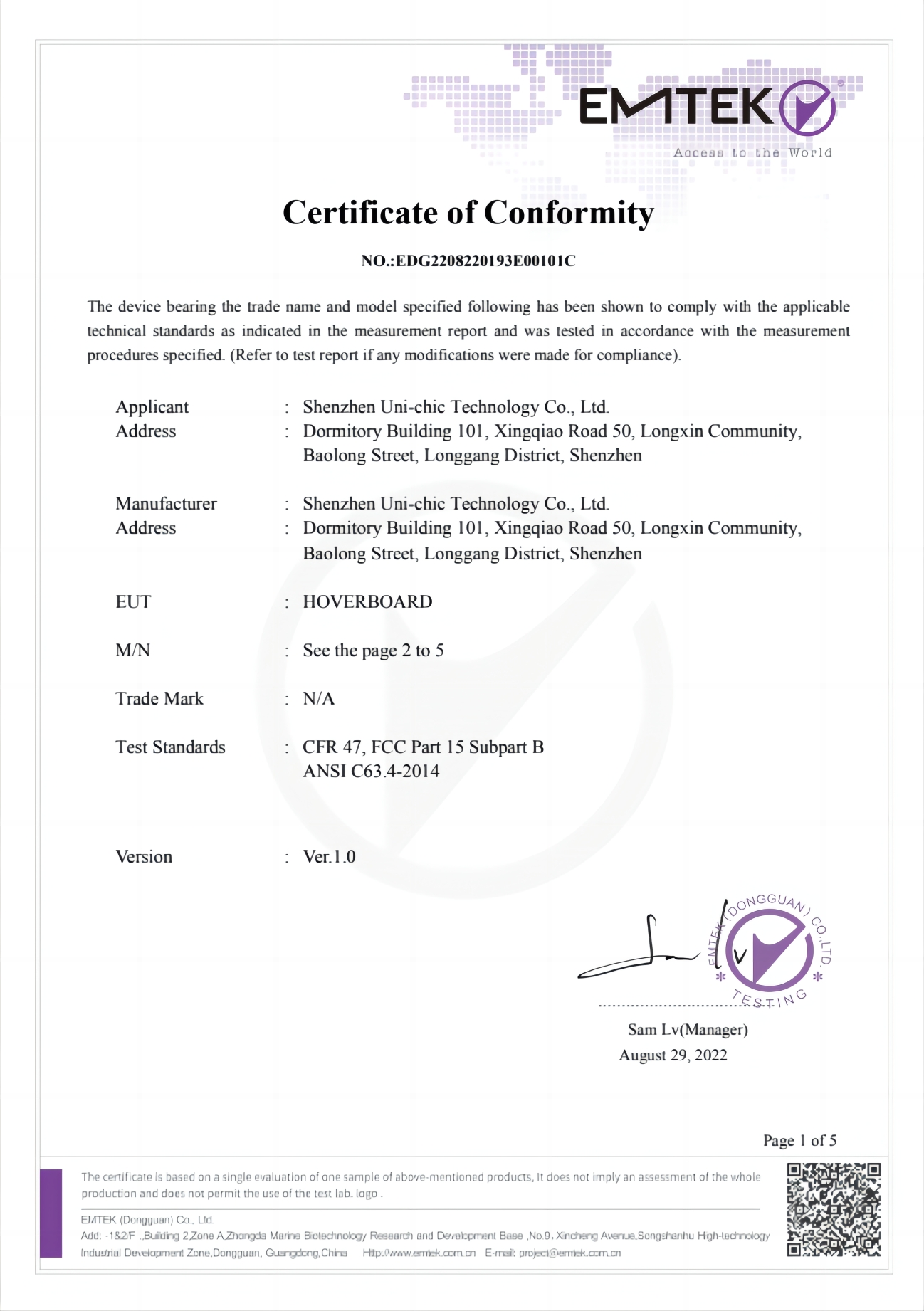 Shenzhen Uni-chic Technology Co., Ltdcertification