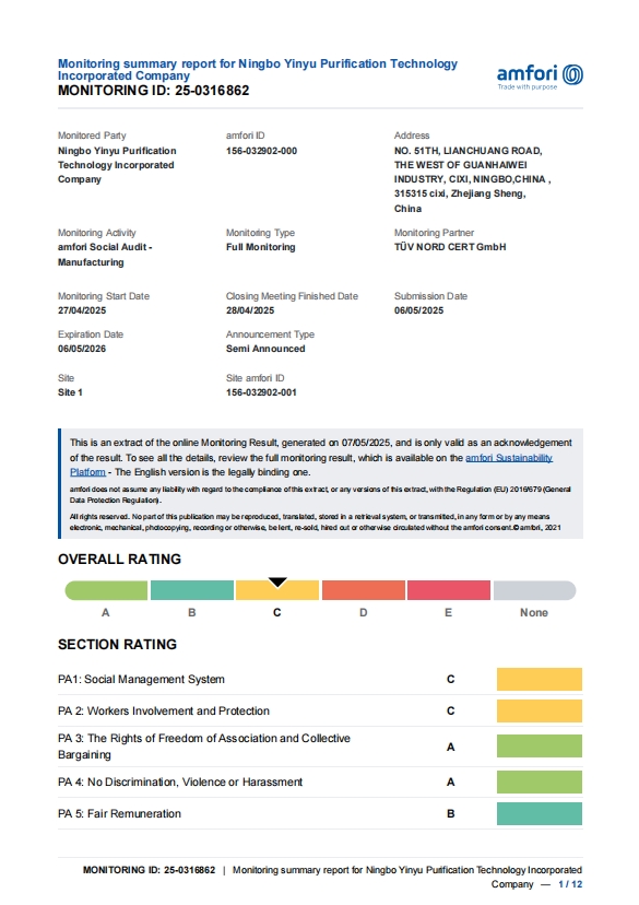 Ningbo Yinyu Purification Technology Incorporated Companycertification