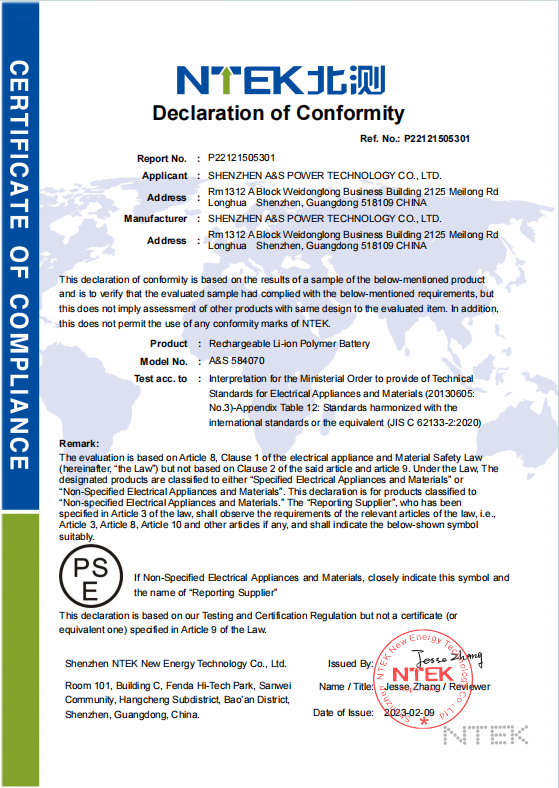 Shenzhen  A&S Power Technology Co.Ltdcertification