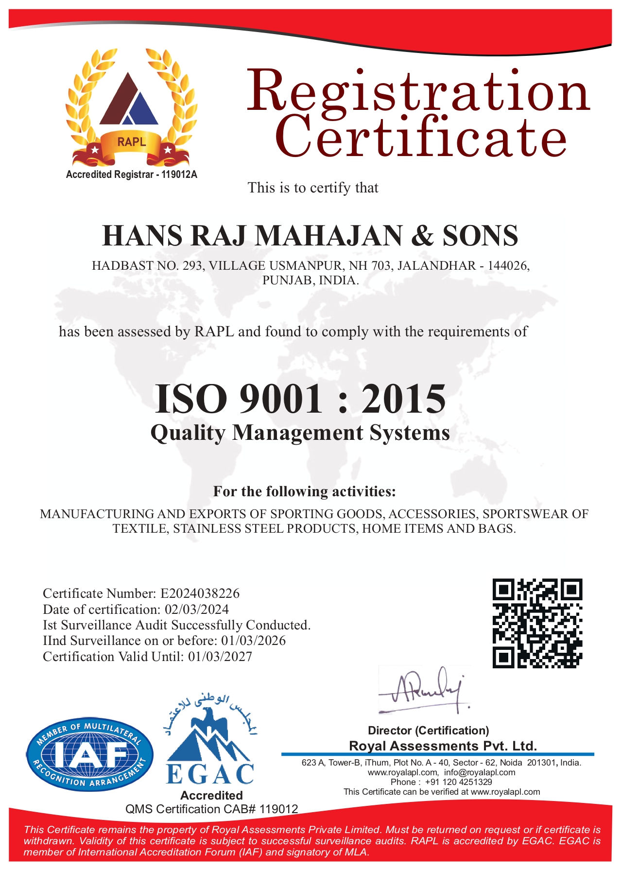Hans Raj Mahajan & Sonscertification