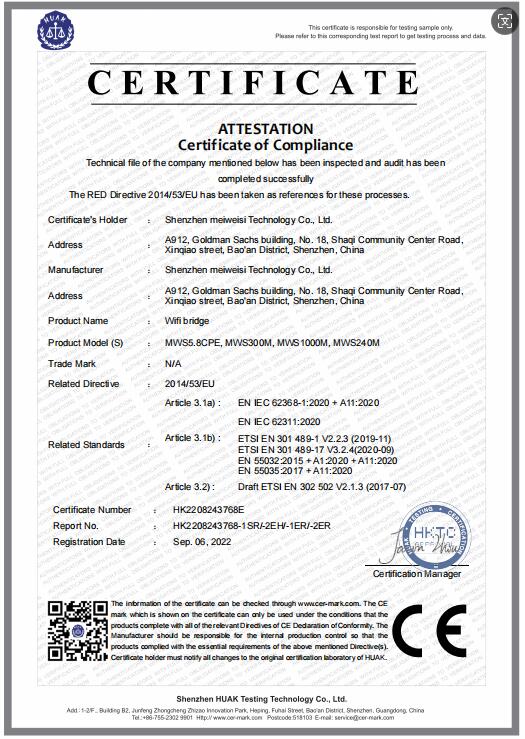 Shenzhen Meiweisi Technology Co., Ltd.certification