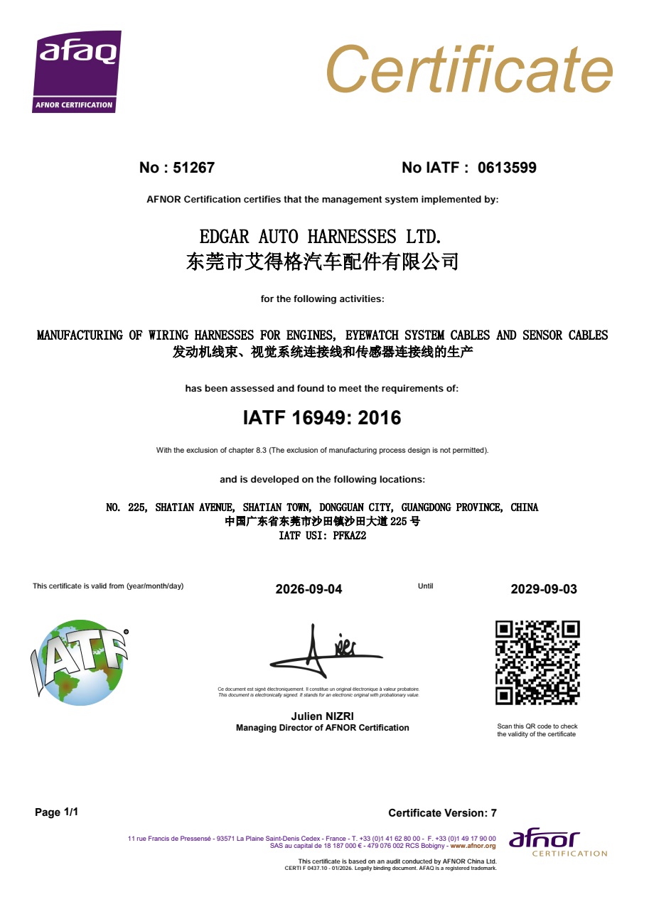 Edgar Auto Harnesses Ltdcertification