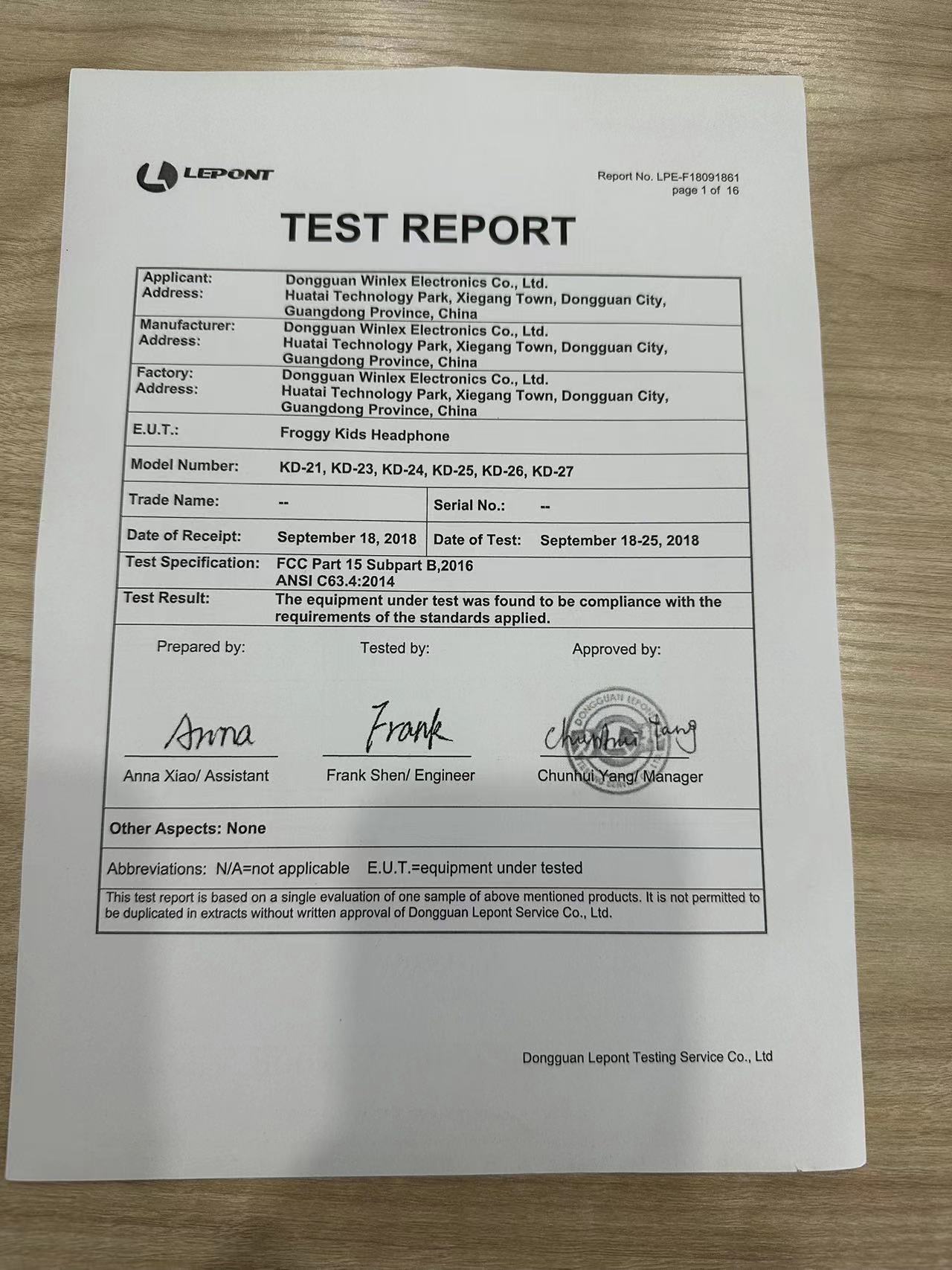 Dongguan Winlex Electronics Co.,Ltd.certification