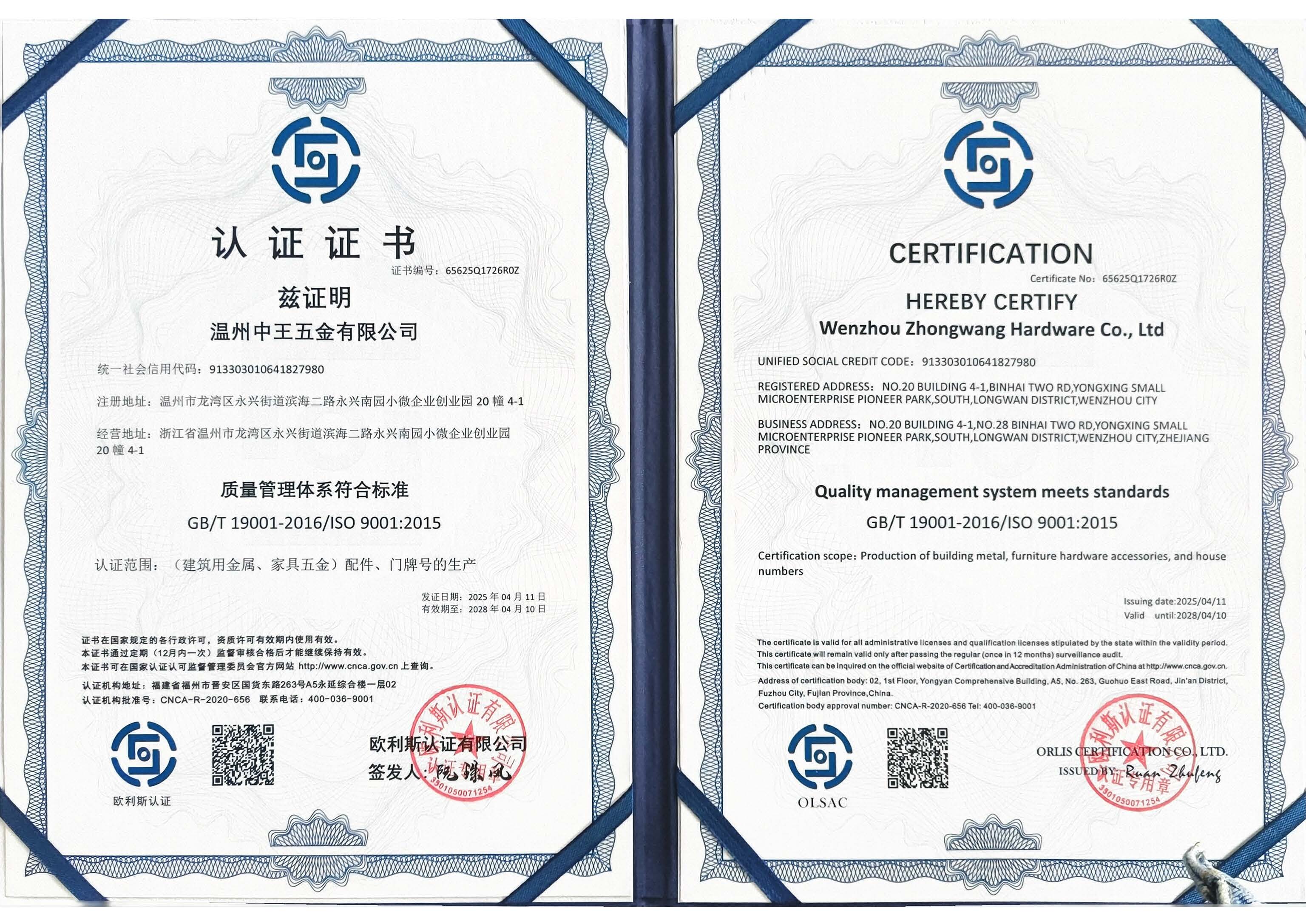 Wenzhou Zhongwang Hardware Co. Ltdcertification