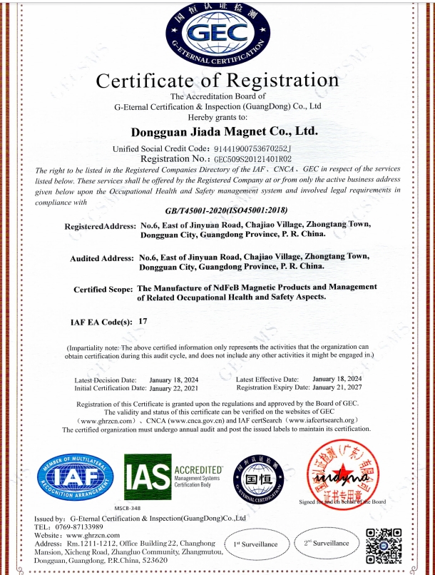 Jiada Magnet Limitedcertification