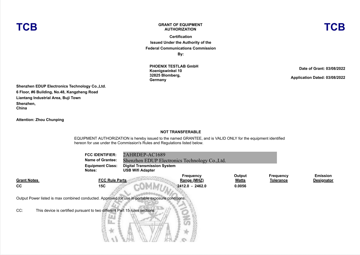 Shenzhen EDUP Electronics Technology Co. Ltdcertification