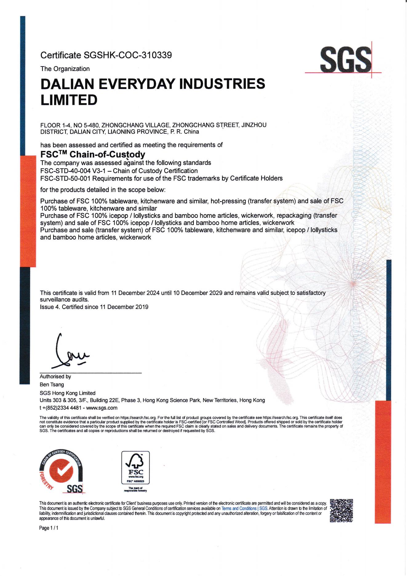 Dalian Everyday Industries Limitedcertification