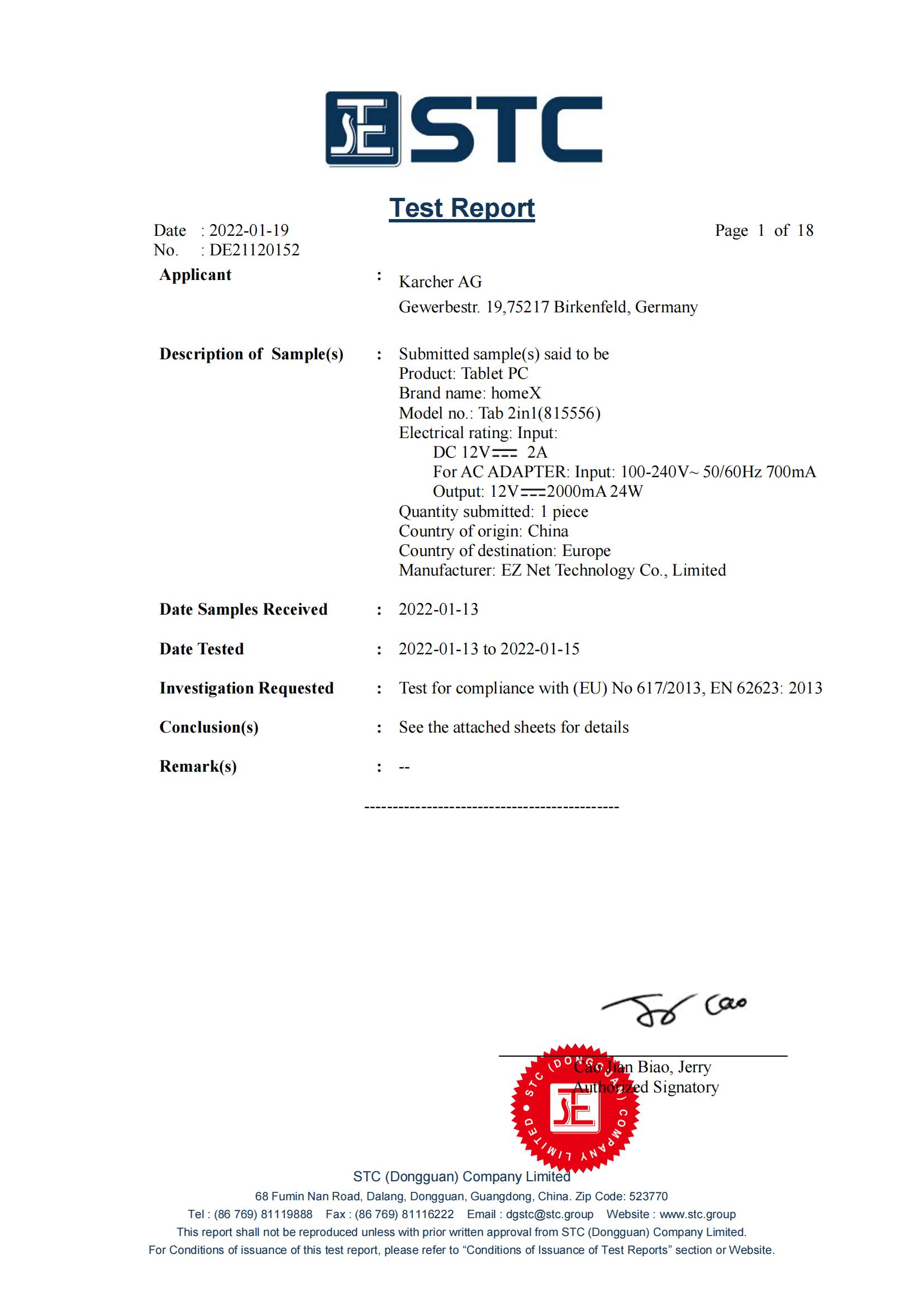 EZ Net Technology Company Limited(Tablet PC)certification