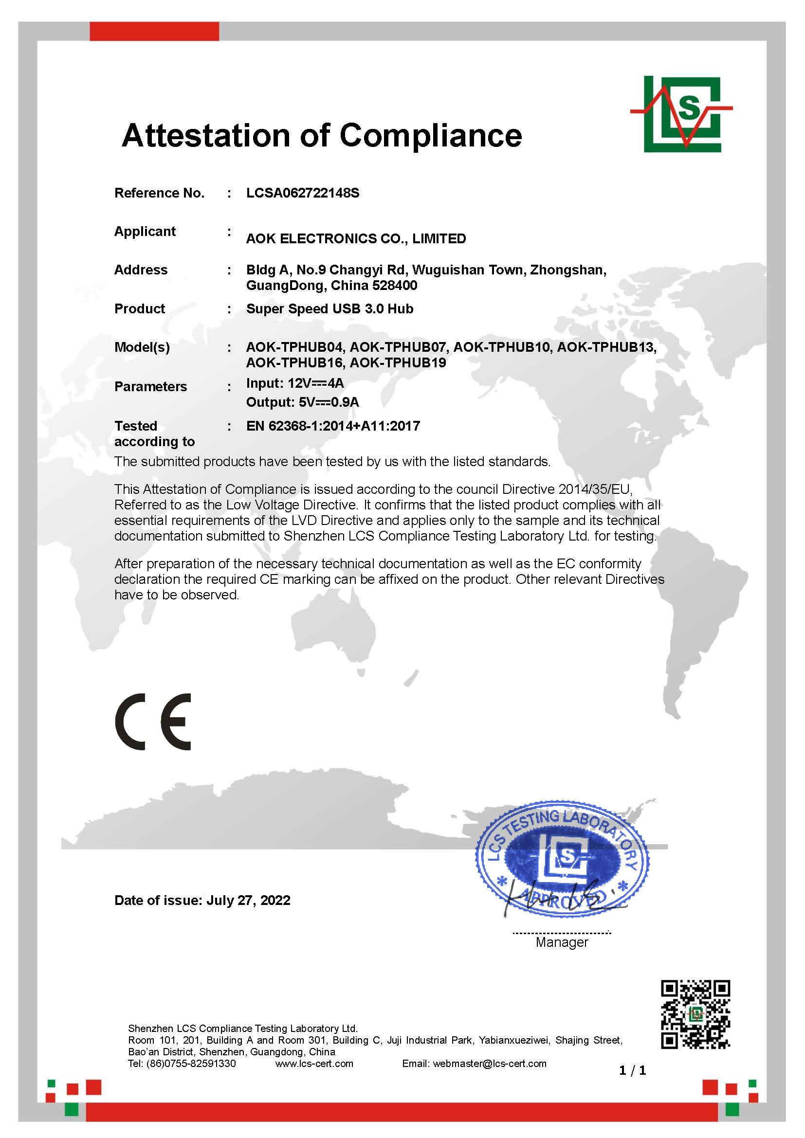 AOK ELECTRONICS CO.,LIMITEDcertification