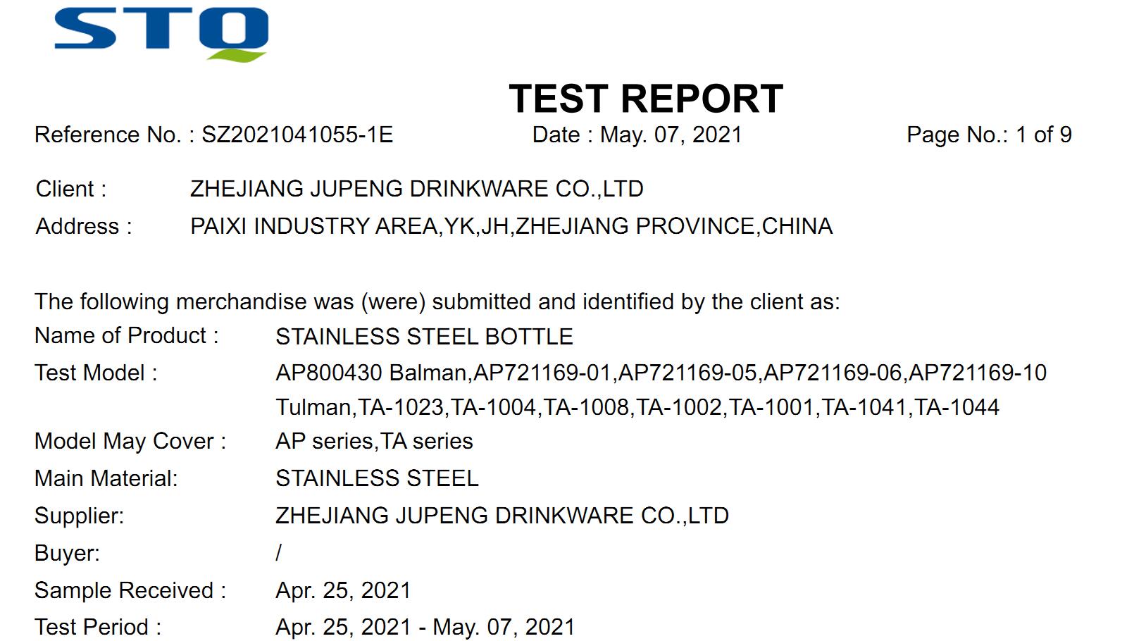 Zhejiang Jupeng Drinkware Co.,Ltdcertification