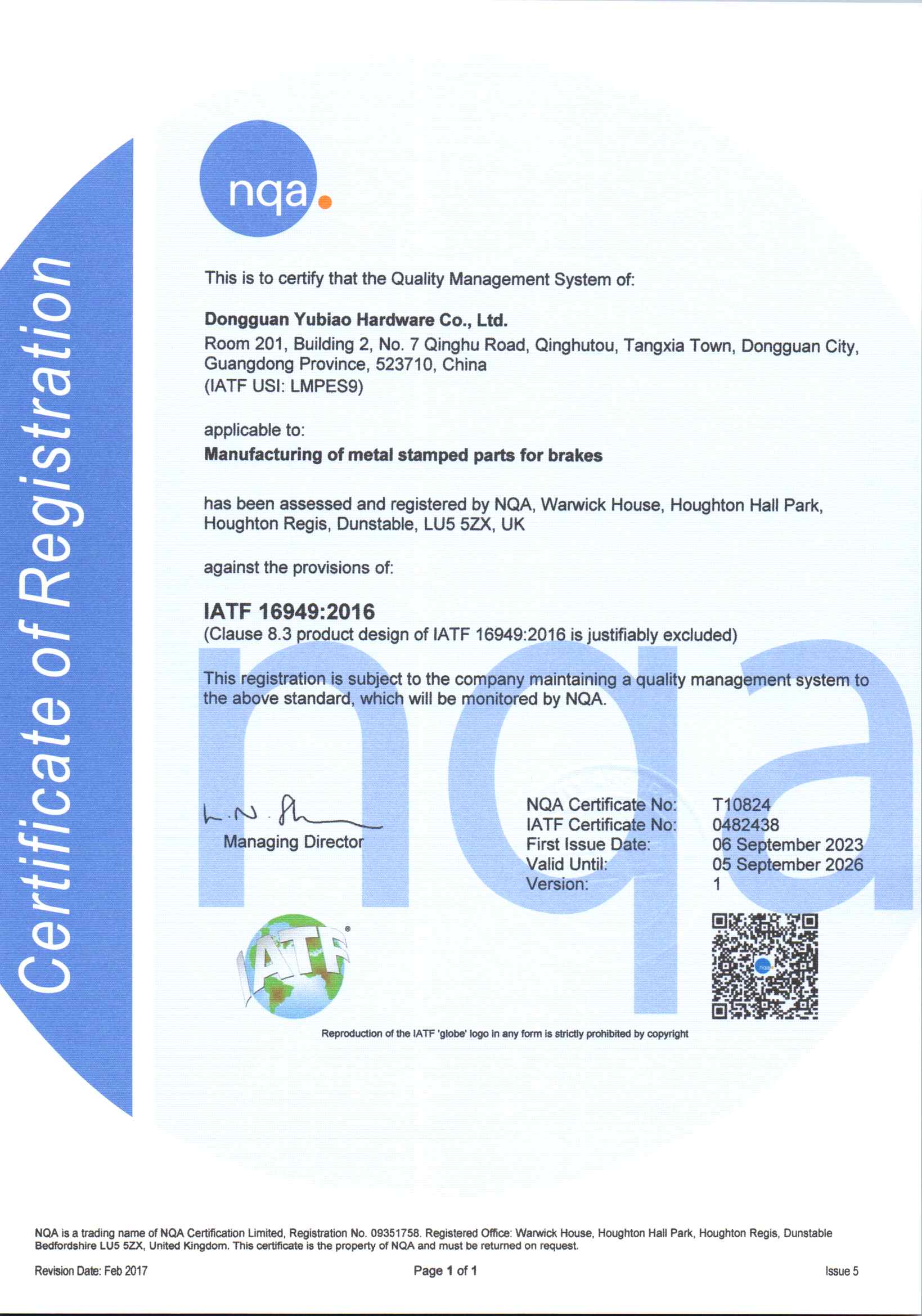 Dongguan Yubiao Hardware Co., Ltdcertification