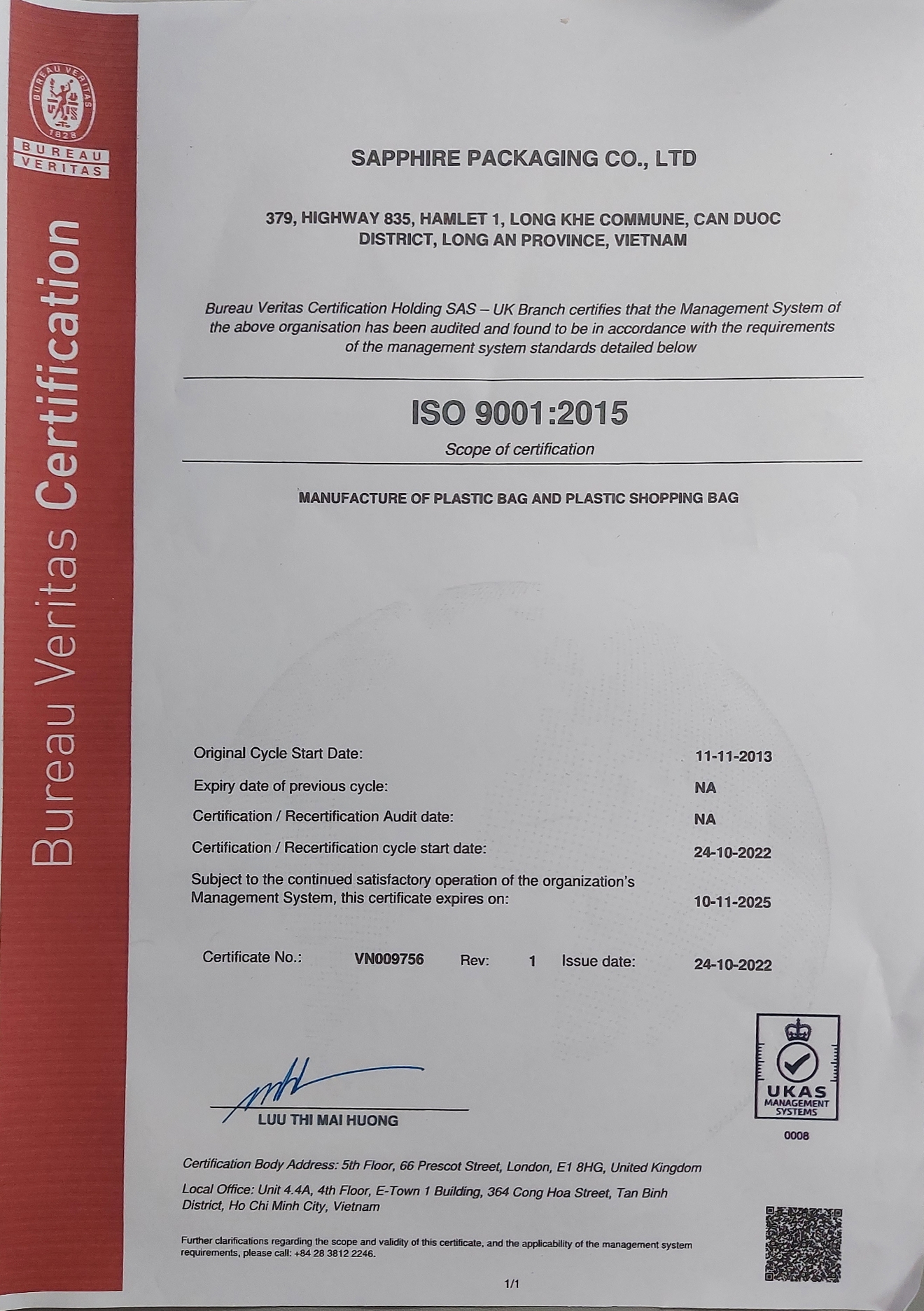 Sapphire Packaging Co., Ltdcertification